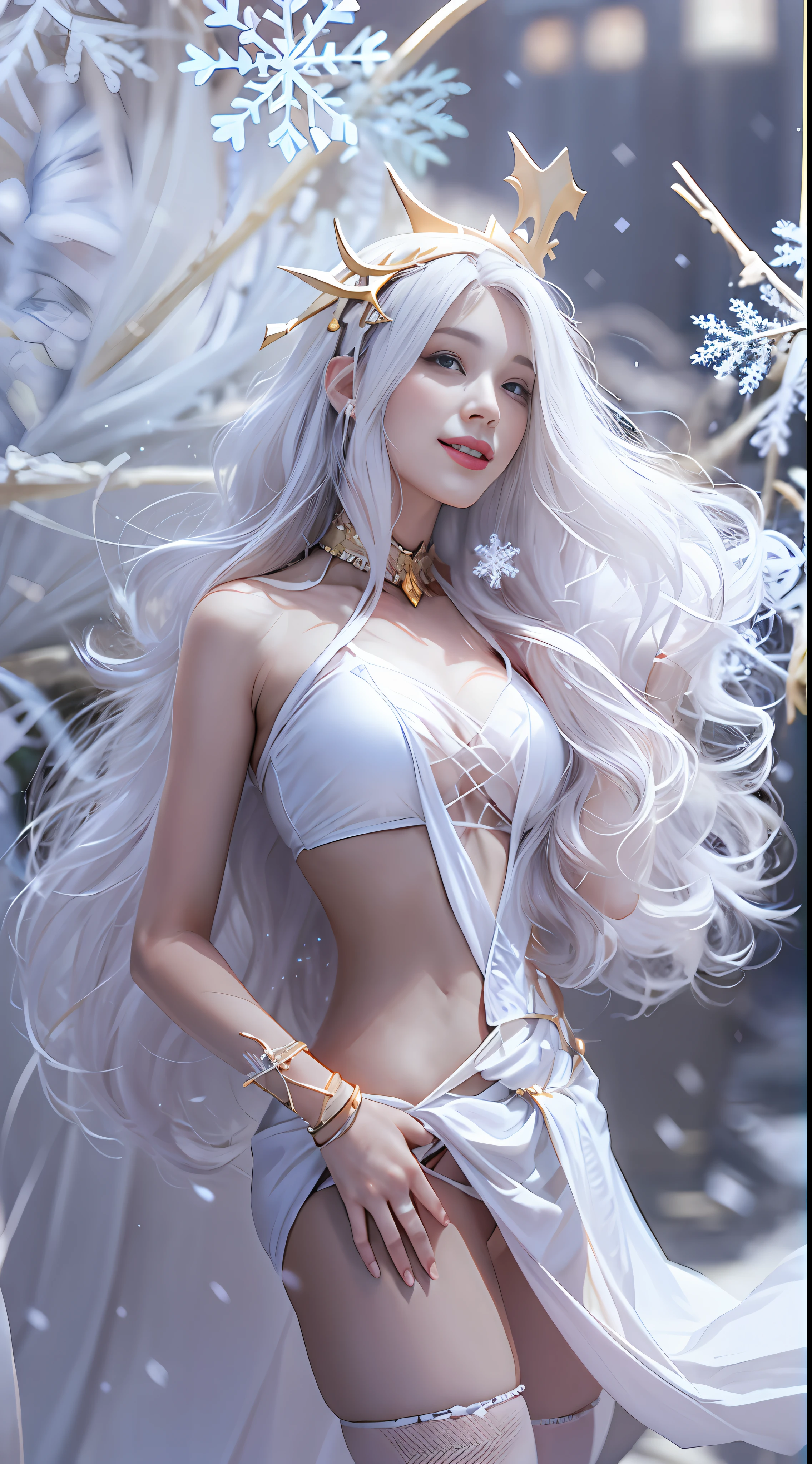 A perfect and sexy woman,177 cm tall,Long milky white hair,There are accessories on the head,Fold your hands to your chest,Smile at you,Stand sideways on the ground,Behind her were snowflakes,Masterpiece-quality CG,hyper HD,high rise,depth of fields,16k,best qualityer,high detal,textureskin,anatomy correct,softlighting,Facialbrightening,Extremely detailed full-body photo