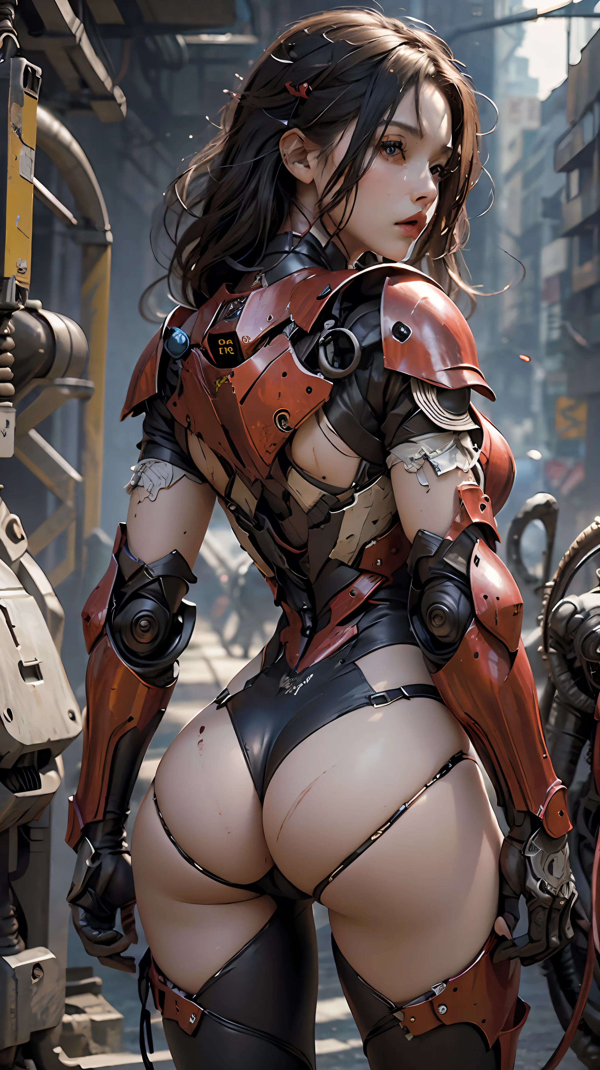 (Masterpiece), (Best quality), Photorealism, Realistic, Ultra detailed, Perfect face, Perfect body, 1girll, Beautiful girl, Girl in red armor, Mechanical armor, exoskeleton, Stand, Cool pose, Sexy, Watching from behind