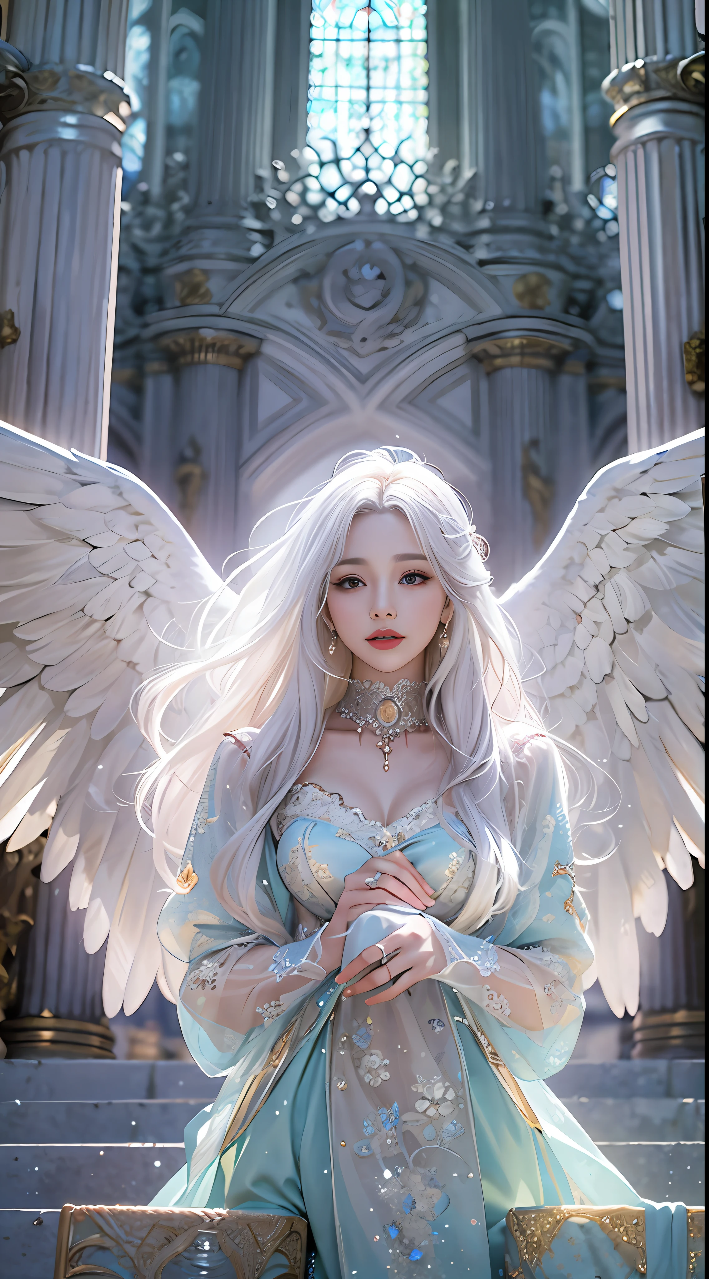 An angelic woman,Height 177cm,Long milky white hair,Enchantingly kneeling,Hold your hands on the ground,High coldly at you,Behind her is the magical palace,Masterpiece-quality CG,hyper HD,high rise,depth of fields,16k,best qualityer,high detal,textureskin,anatomy correct,softlighting,Face brightening,extremely detailed photo
