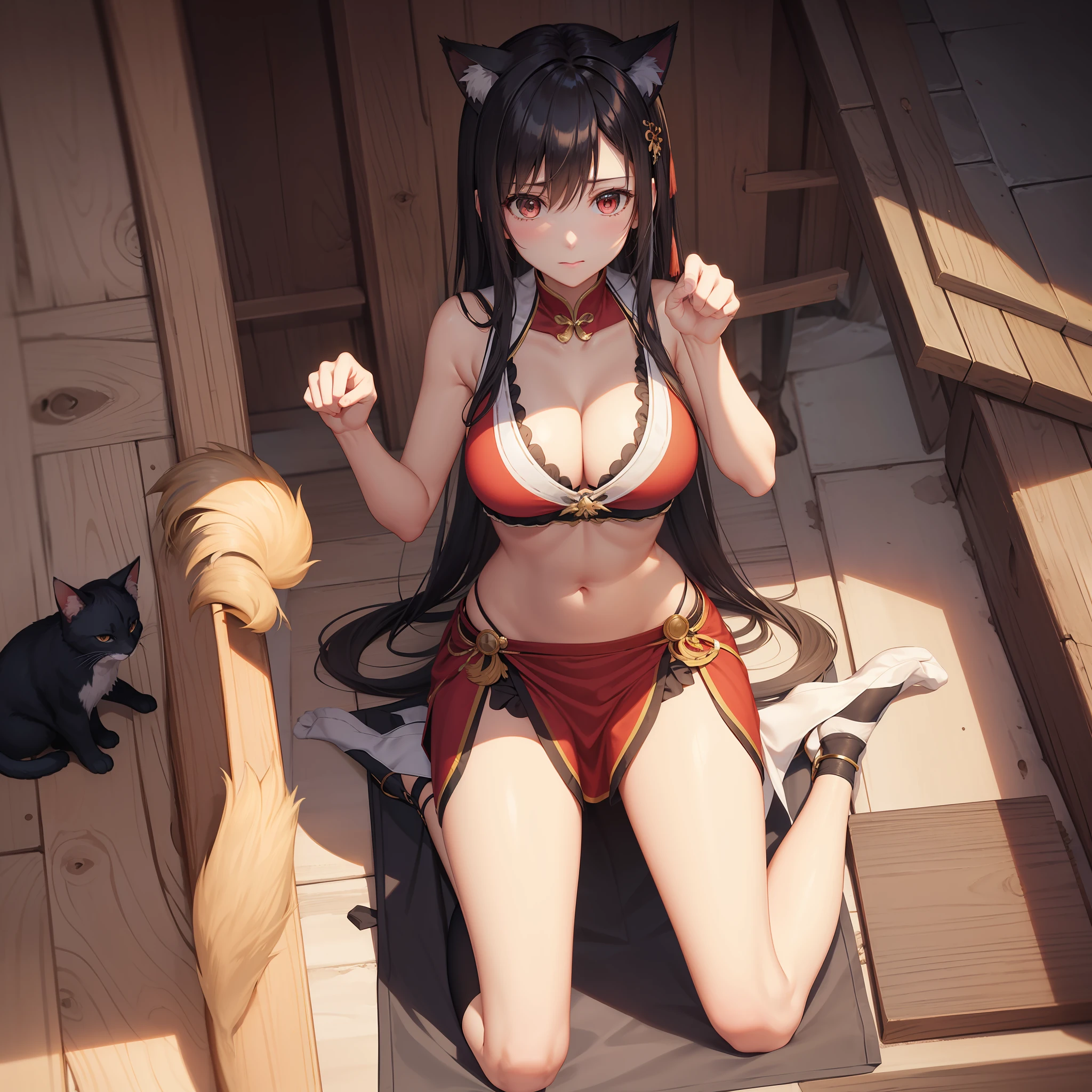 （absurderes）style of anime，Shoulders bare，Bare legs，Bare chest，Bare abdomen，Expose your back，no brassiere，Side breasts，breast curtains，Pelvic curtain，Short panties，Chinesedress，Kneel on the ground with your legs apart，paw pose，Cat ears，fox tails，wagging tail，embarressed，Be red in the face，is shy，leaked pee