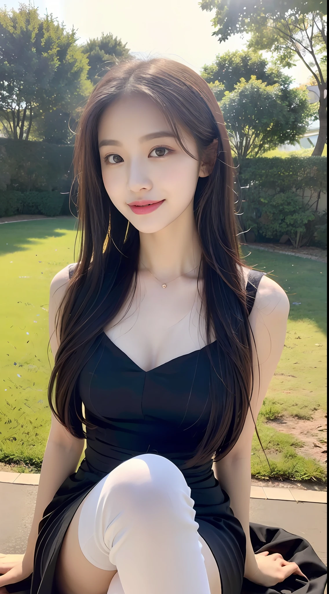 (1 Korean star with royal sister style), ((Best quality, 8K, 巨作: 1.3)), focal point: 1.2, Perfect body proportions: 1.4, (Make a smile), (Sunset: 1.3),  Watery eyes, Highly Detailed Face and Skin Textur, Fine eyes, Double eyelids, Whitens the skin, (long whitr hair, Air bangs: 1.3), (Round face inches: 1.5), (Black dress 1.4), （black lence stockings）（Sketch 1:2，） （Half-sitting on the playground，baiyun，suns，The scenery is exceptionally beautiful）looking down on the camera