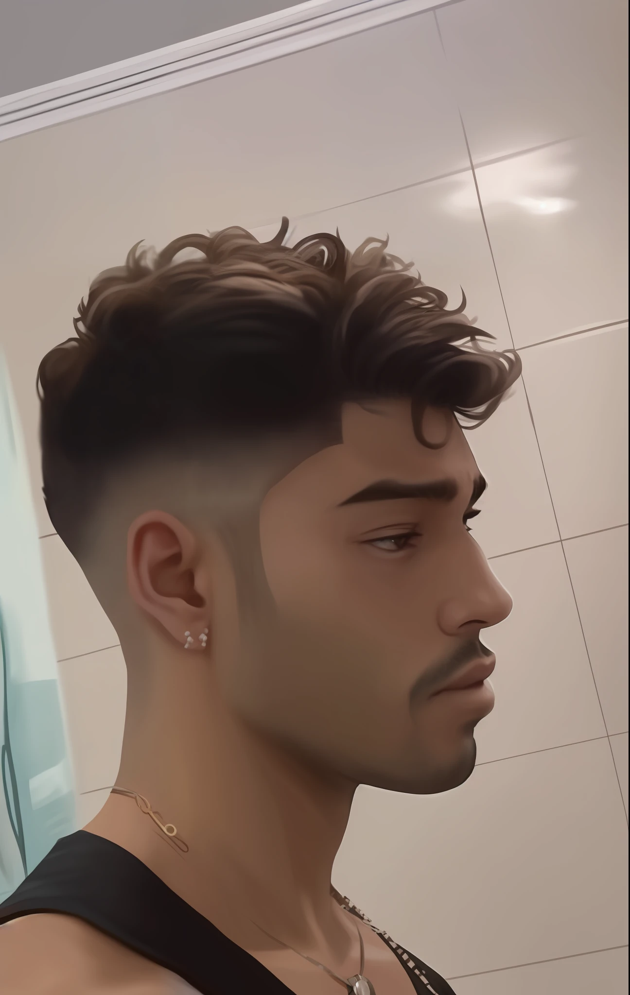 homem arafed com um undercut raspado e um colar de corrente, ele tem cabelos castanhos curtos e cacheados, short hair on top of his head, com o mesmo penteado, he has an elongated head shape, curls on top of his head, Cabelo zumbido no templo, curto nas laterais, cabelo de , his hair is messy and wild, lados raspados