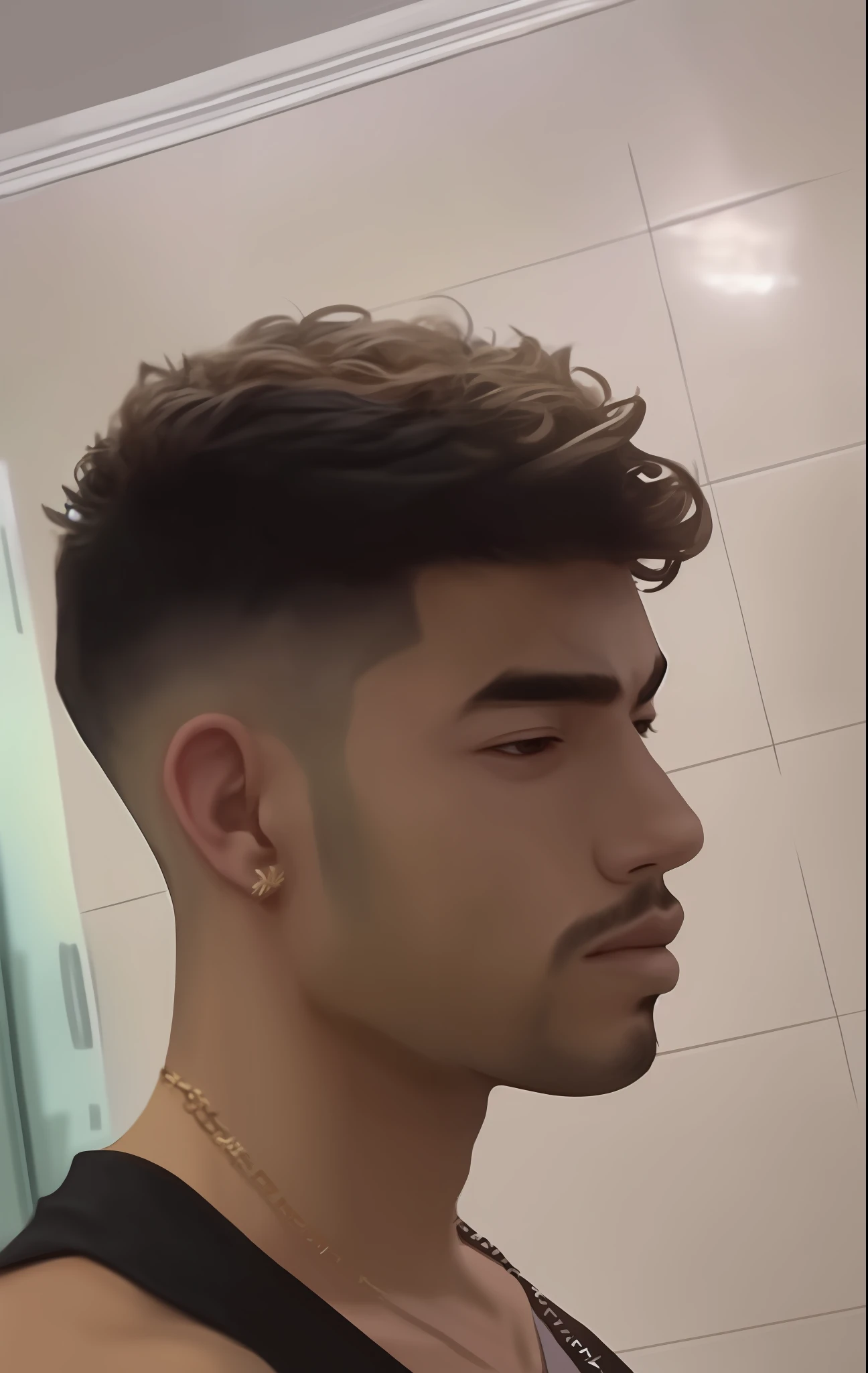 homem arafed com um undercut raspado e um colar de corrente, ele tem cabelos castanhos curtos e cacheados, short hair on top of his head, com o mesmo penteado, he has an elongated head shape, curls on top of his head, Cabelo zumbido no templo, curto nas laterais, cabelo de menino, his hair is messy and wild, lados raspados
