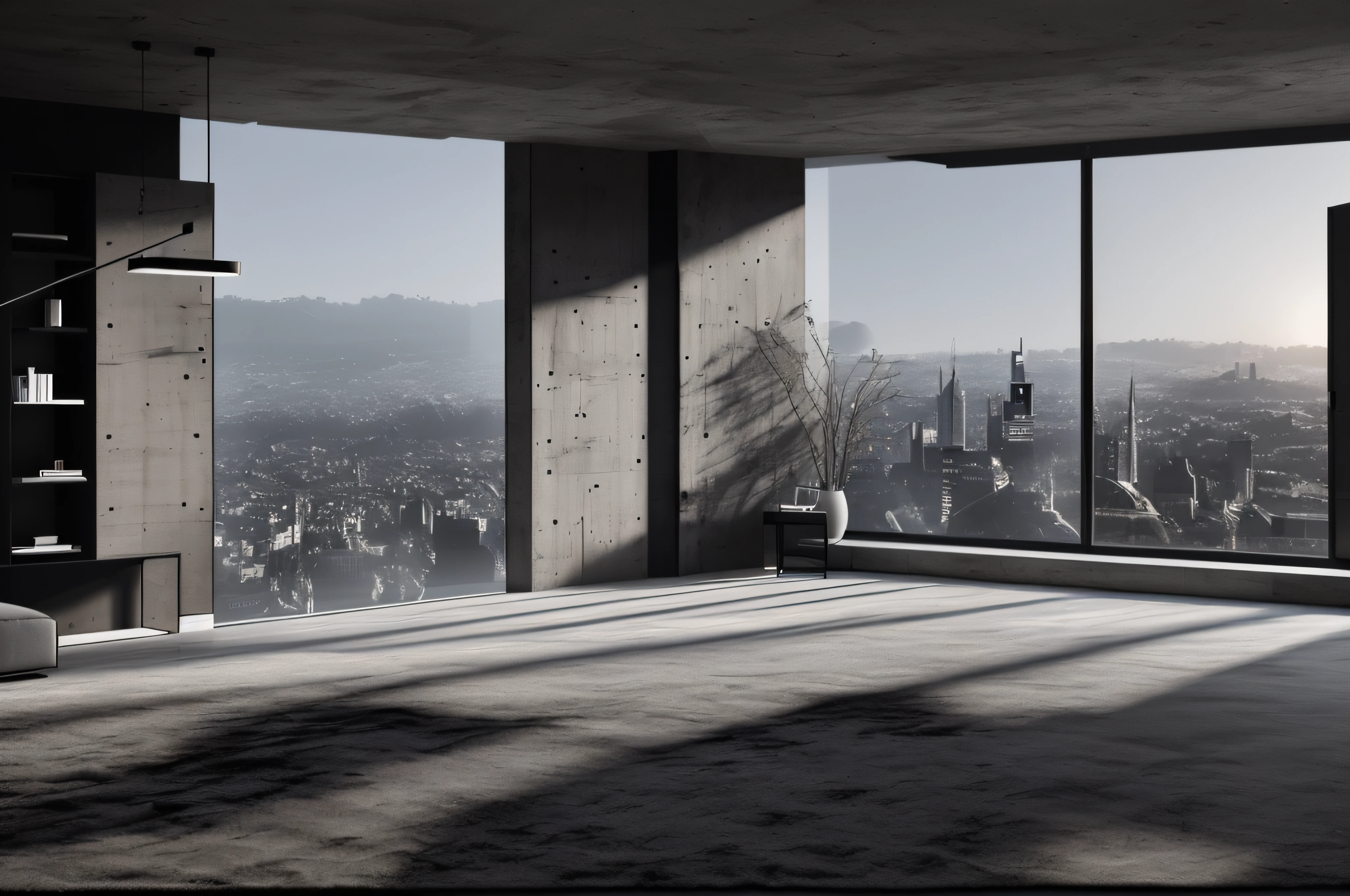 Minotti style room with a large window,You can see the city, dark concrete room, indoor background, highly photographic render, ji-min, concrete hitech interior, rendered in corona, Empty room,Black walls, luxcore render, rendered in enscape, Close portrait, landscape vista,, photographic render