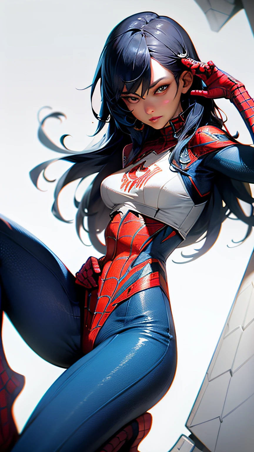On an aerial carrier, spaceship, battle, beautiful woman with a well-defined body using Spider-Man role-playing, medium breasts