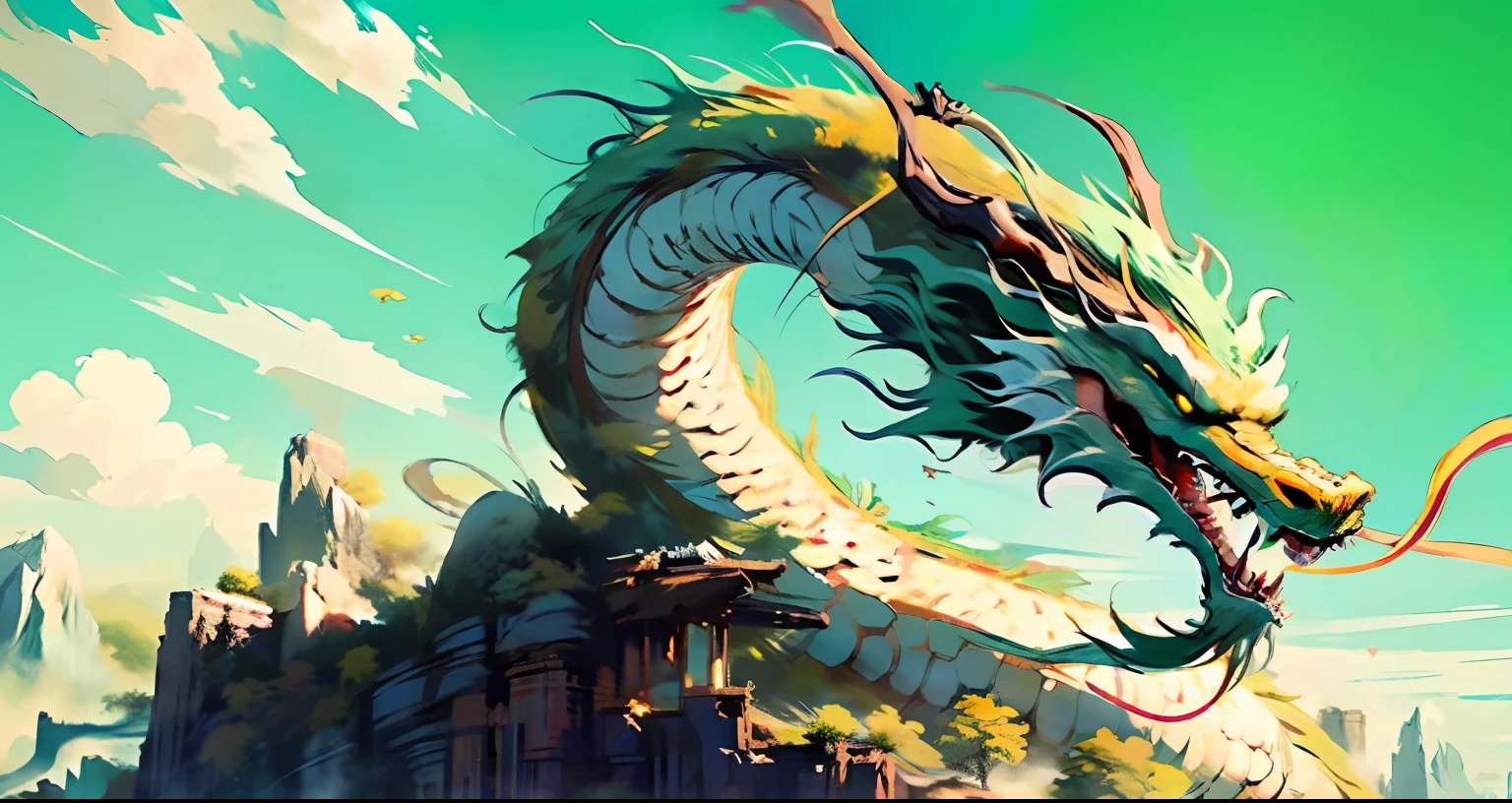 Best quality at best，tmasterpiece，超高分辨率，without humans，（The long：1.2），Skysky，mountain ranges，yellow eyes，​​clouds，scutes，Green oriental dragon，with her mouth open，dentes pontiagudos，fly，banya，teeth，daysies，clawed paws，fang，blue-sky