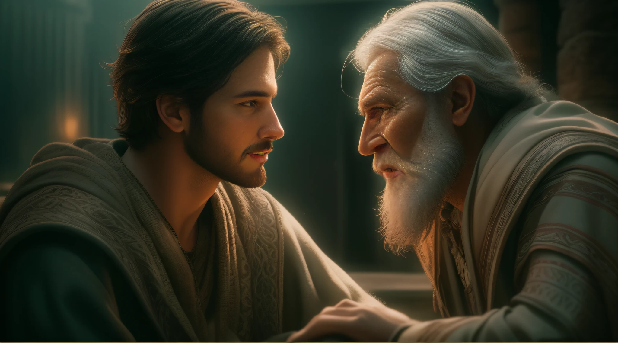 A memorable scene from an ancient city, where a young man, 30 years old, with short black hair and brown eyes, has a deep conversation with a wise old man with gray hair and a long beard. The environment is immersive with realistic details and the lighting is perfect to add drama and depth to the scene., Dark Photo: Realistic Epic, Soft Cinematic Portrait, Adobe Lightroom, Photo Lab, Highly Detailed, Faded, (Neutral Colors: 1.2) , (hdr: 1.4) , (soft colors:1.2), high detailed, ( artstation:1.4), cinematic, warm lights, dramatic light, (intricate details:1.1), complex background, (rutkowski:0.66), (blue and orange:0.4)