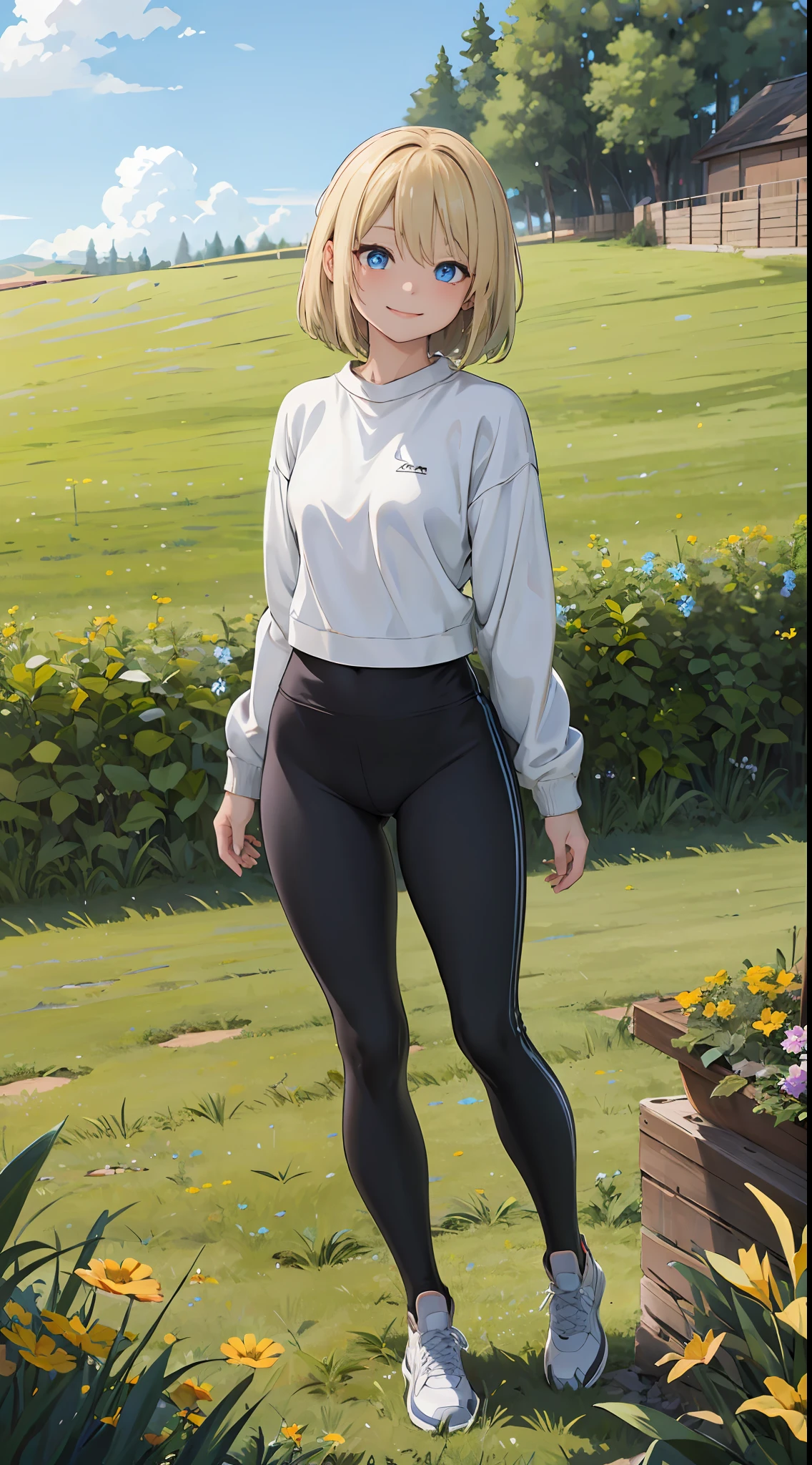 best quality, masterpiece, small breasts, smile, sweatshirt, leggings, outdoors, anime style, grass field, daytime, blue sky, blue eyes, detailed eyes, medium hair, blonde hair, loose hair, bangs,