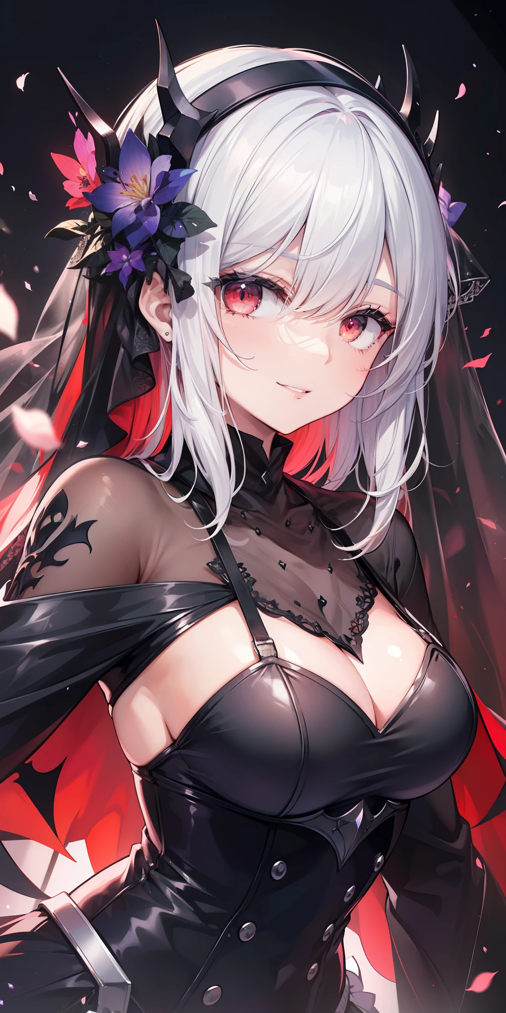 dia: 1girl, sozinho, ((extremamente detalhado CG unidade 8k papel de parede)), master part, best quality, ((ultra-detalhado)), Melhor sombra, fundo multicolorido, illustration, (Rosto bonito e detalhado), cabelos flutuantes, Dynamic angle, alto contraste, best ilumination, um extremamente delicado e bonito, (hiper detalhe), (beautiful face:1.2), (sorrir:1.0), lo gothic, armadura do cavaleiro, monocromatic, veil on face, sorriso assustador, sadistic smile, Demonic red eyes, eles chifres, dynamic pose