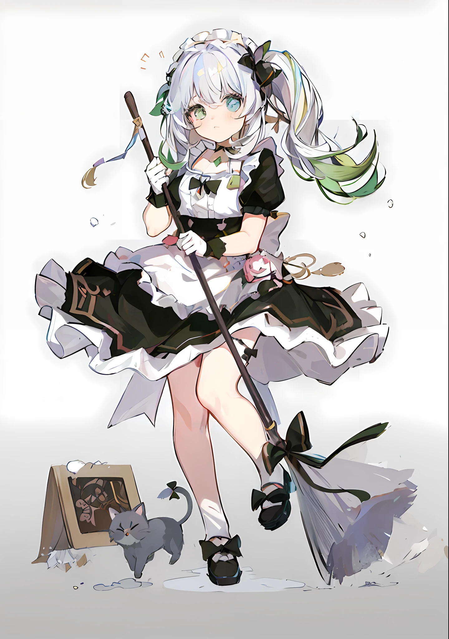 Anime characters with brooms and cats, anime girl in a maid costume, anime cat girl in a maid costume, gorgeous maid, Splash art anime Loli, Maid outfit, clean anime art, a maid in a magical forest, cosplay of a catboy! maid! dress, cute anime waifu in a nice dress, Maid dress, loli in dress