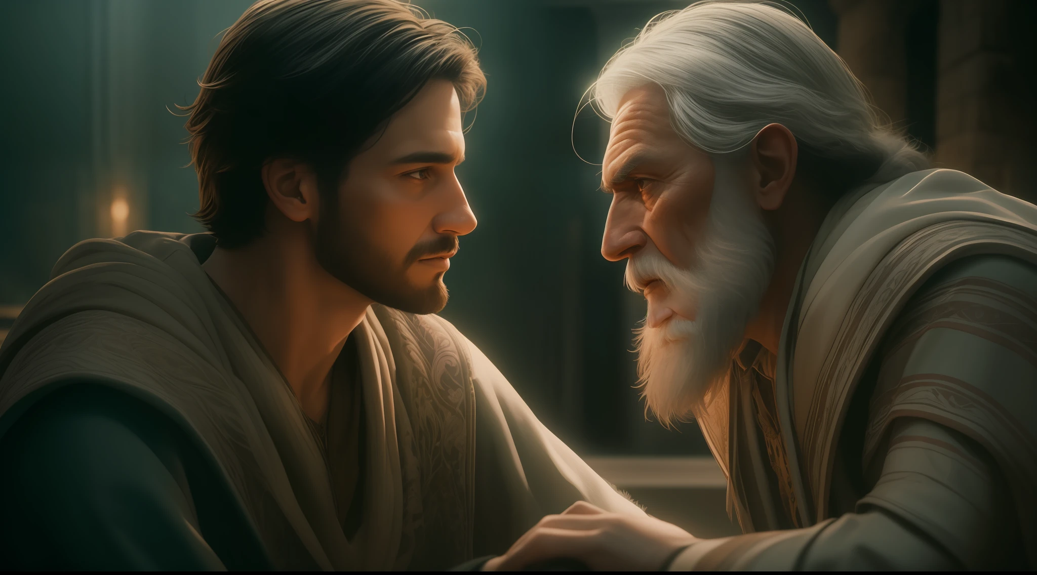 A memorable scene from an ancient city, where a young man, 30 years old, with short black hair and brown eyes, has a deep conversation with a wise old man with gray hair and a long beard. The environment is immersive with realistic details and the lighting is perfect to add drama and depth to the scene., Dark Photo: Realistic Epic, Soft Cinematic Portrait, Adobe Lightroom, Photo Lab, Highly Detailed, Faded, (Neutral Colors: 1.2) , (hdr: 1.4) , (soft colors:1.2), high detailed, ( artstation:1.4), cinematic, warm lights, dramatic light, (intricate details:1.1), complex background, (rutkowski:0.66), (blue and orange:0.4)