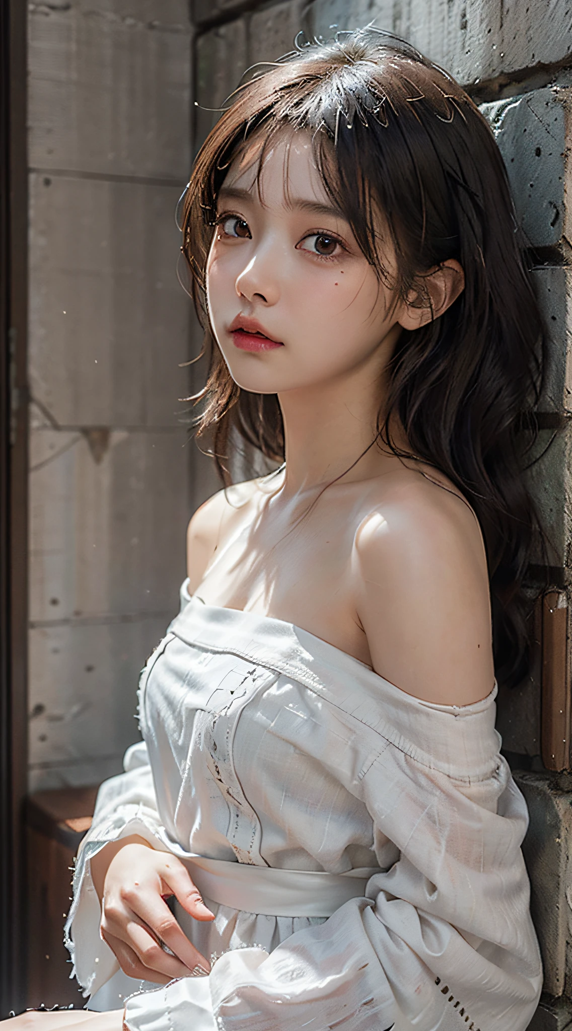 Best quality,masterpiece,ultra high res,(photorealistic:1.4),raw photo,(Authentic skin texture:1.3),(film grain:1.3),panorama,character portrait,very wide shot,narrow waist,cowboy shot,(in the dark, deep shadow, low key, cold light,) night,close-up,streaming tears,
indoor,dust,Tyndall effect,sad,disappointed,gloom (expression),sitting,(against wall),crying,frown,(head bowed),nervous,tearing up,lonely,
1girl,beautiful detailed eyes and face,white jabot,off shoulder,brown eyes,