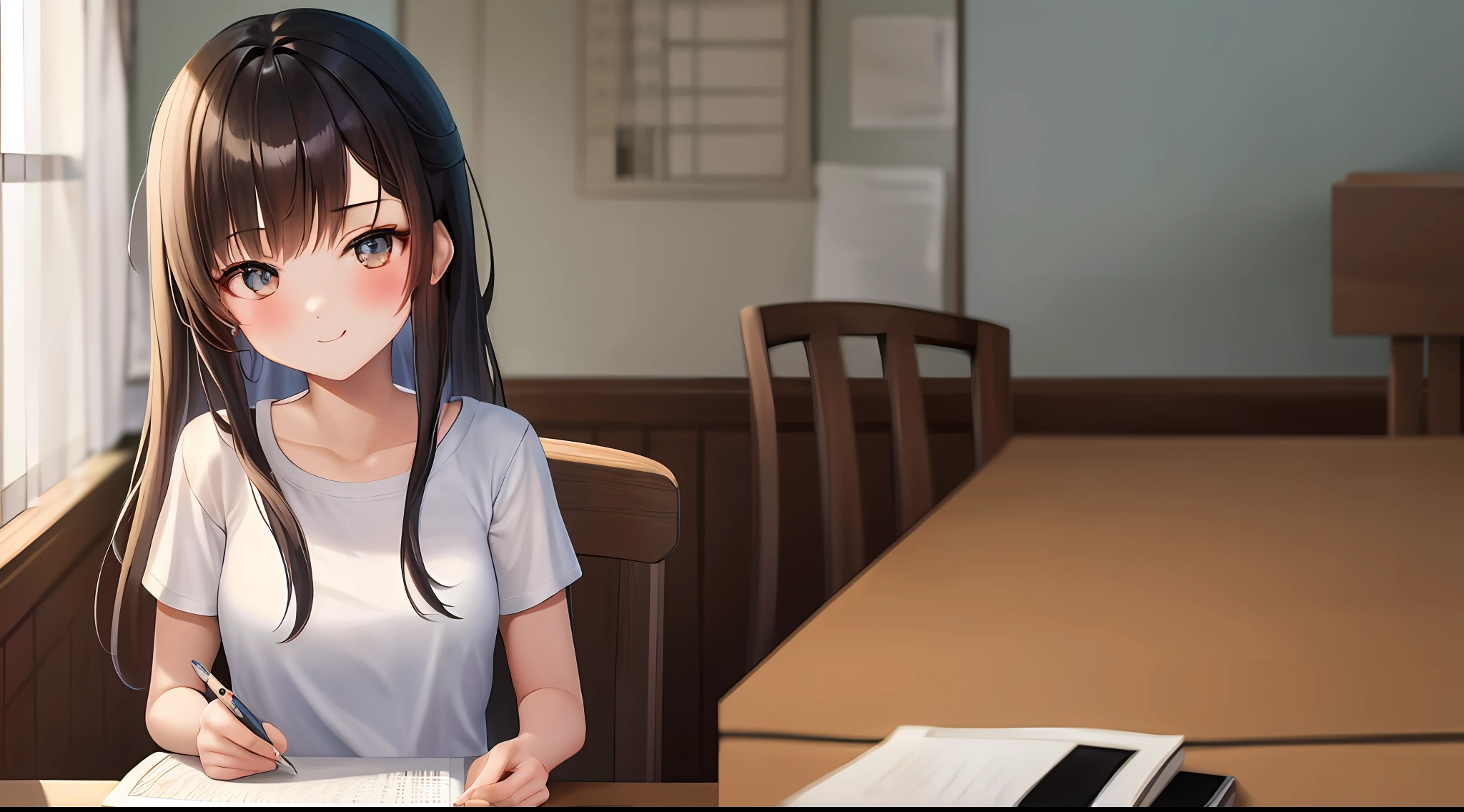 ​masterpiece, top-quality, hight resolution, a 1 girl, Loose white t-shirt、 Girl sitting on chair studying drafting at desk,、Beautie、cute little、Idol、Winky