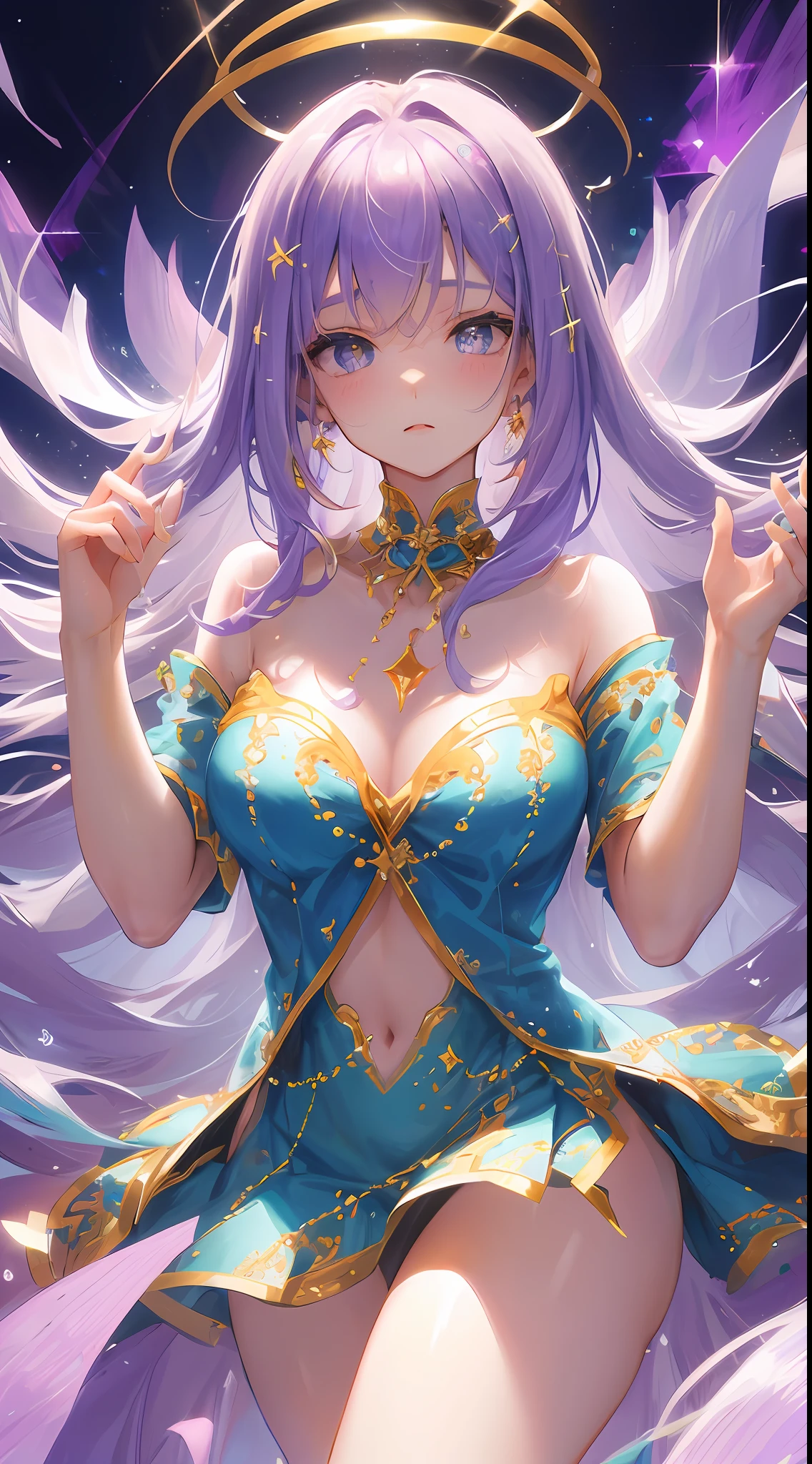 ((tmasterpiece、Need、Ultra-delicate、A high resolution)), 独奏, a beauty girl, sparkle eyes, perfect  eyes, ar old, lilac purple hair,She is a singer,Warm color theme,Concert background,Warmth