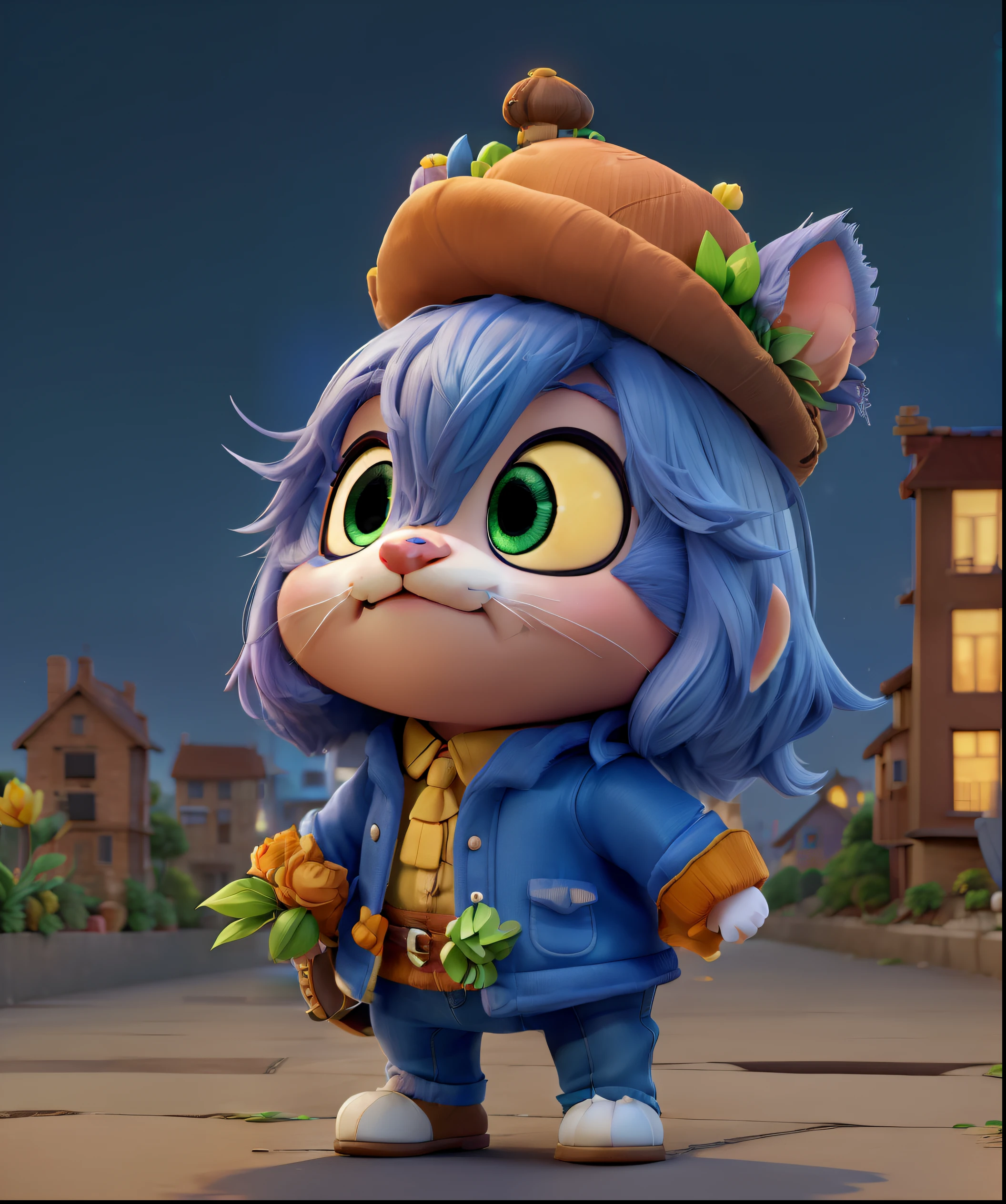 (Cute kitten:1.2), ssmile, Bushy smooth coat、personification, Mushroom cap on the head, rendered:(charicature:1.3,Production Movie, the pose:(Lively:1.2, amusing), modeled:(ultra-quality:1.2,8K,Orthographic view),tulips, blue-sky, for the background(Urban buildings at night:1.1),{Complex and ultra-detailed, Giuseppe Arcimboldo}
