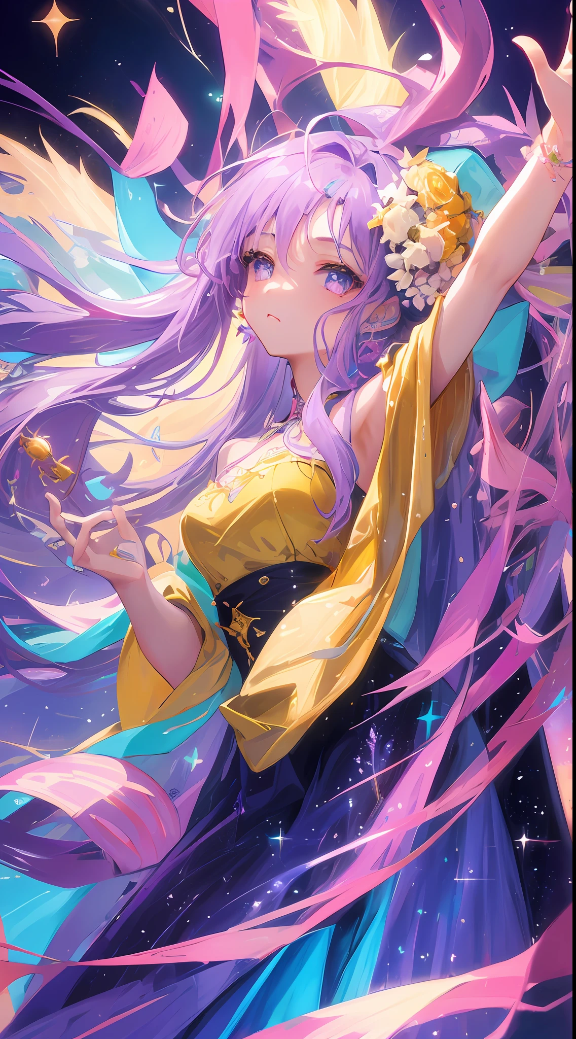 ((tmasterpiece、Need、Ultra-delicate、A high resolution)), 独奏, a beauty girl, sparkle eyes, perfect  eyes, ar old, lilac purple hair,She is a singer,Warm color theme,Concert background,Warmth