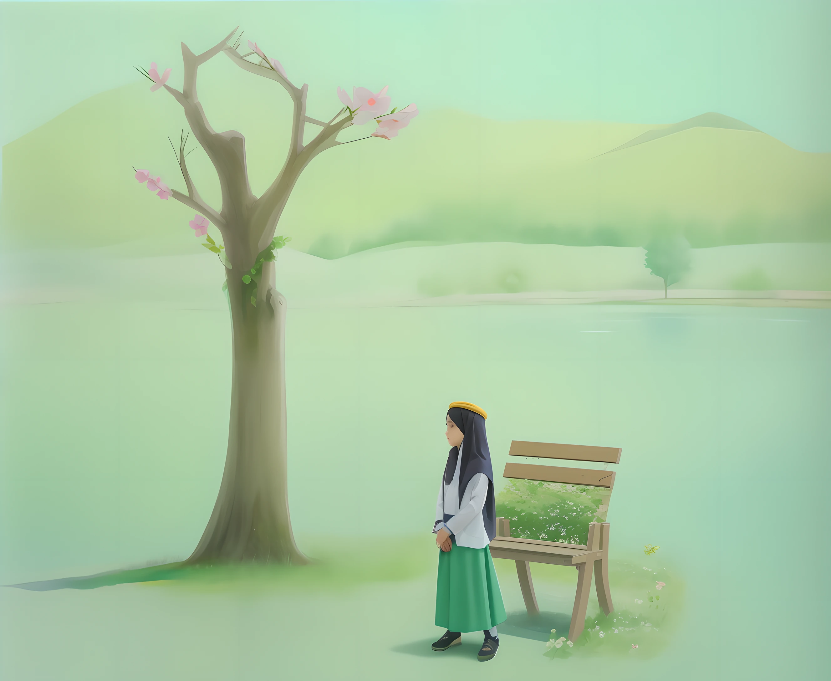 Draw a girl standing in front of a tree，There are benches, nature painting, watercolour on paper, based on child's drawing, watercolor paiting, Fati Hassan, Ismail Akar, paiting, water color art on paper, author：Maryam al-Hashemi, watercolor paiting, traditional art, author：Alice Lahoun, color drawing, kids drawing，Verism, conceptual art, Ray tracing, god light, Depth of field, Ray tracing, filmgrain, Minimalism, surrealism, Cubist futurism, Renaissance, Minimalism, Ray tracing, Depth of field, god light, filmgrain, retinas, Best quality, 8K, Super detail, 16k, Super detail, ccurate, Textured skin, Anatomically correct, retinas