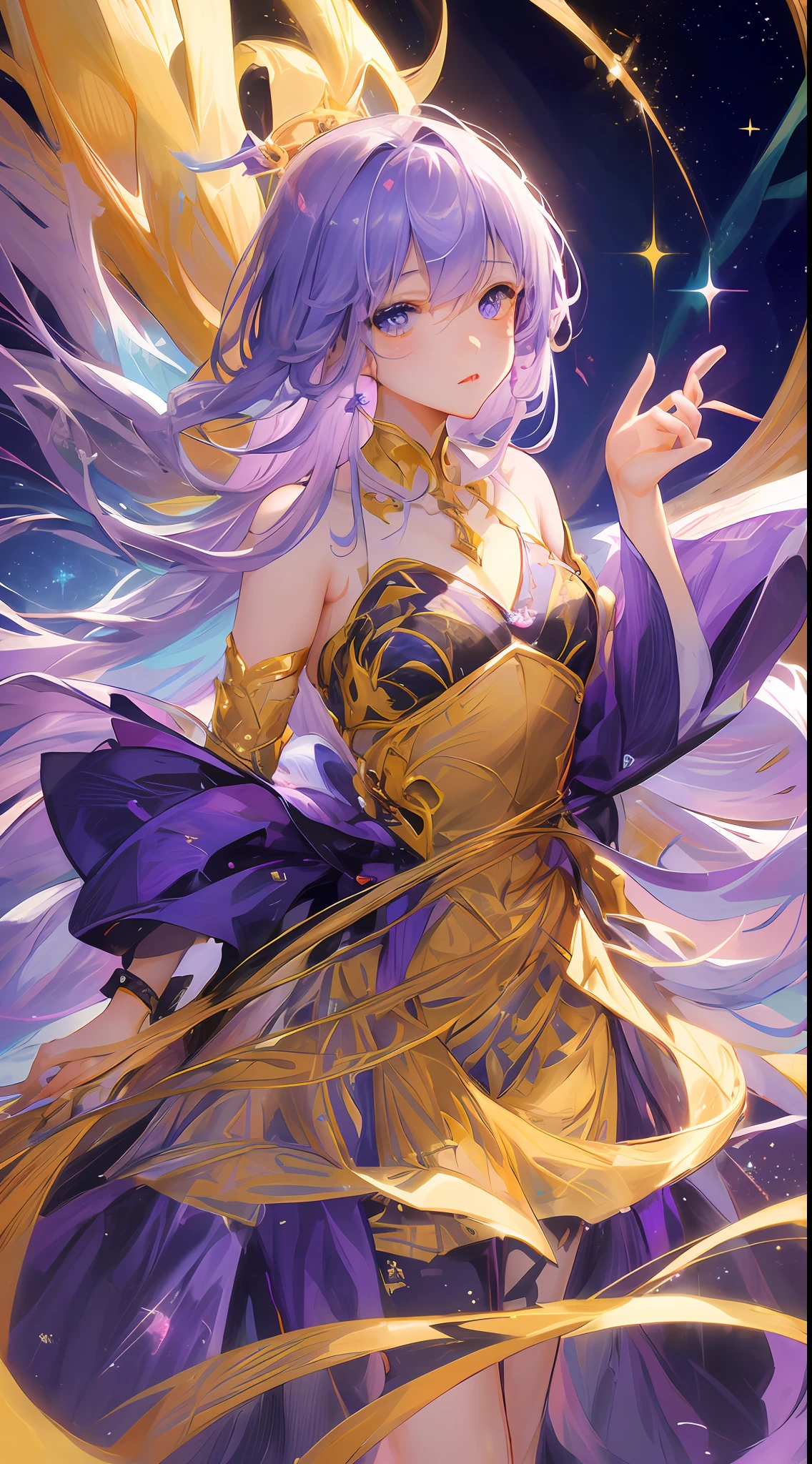 ((tmasterpiece、Need、Ultra-delicate、A high resolution)), 独奏, a beauty girl, sparkle eyes, perfect eyes, ar old, lilac purple hair,She is a singer,Warm color theme,Concert background,Warmth