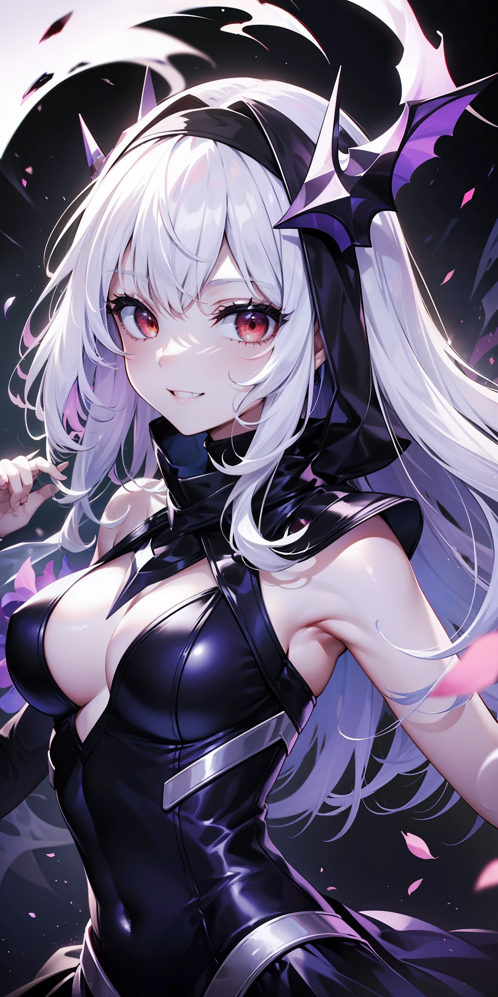 dia: 1girl, sozinho, ((extremamente detalhado CG unidade 8k papel de parede)), master part, best quality, ((ultra-detalhado)), Melhor sombra, fundo multicolorido, illustration, (Rosto bonito e detalhado), cabelos flutuantes, Dynamic angle, alto contraste, best ilumination, um extremamente delicado e bonito, (hiper detalhe), (beautiful face:1.2), (sorrir:1.0), lo gothic, armadura do cavaleiro, monocromatic, veil on face, sorriso assustador, sadistic smile, Demonic red eyes, eles chifres, dynamic pose