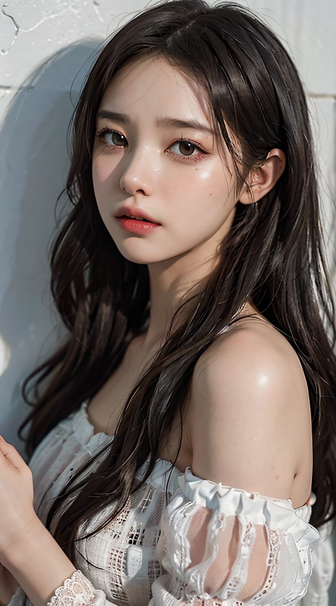 Best quality,masterpiece,ultra high res,(photorealistic:1.4),raw photo,(Authentic skin texture:1.3),(film grain:1.3),panorama,character portrait,very wide shot,narrow waist,cowboy shot,(in the dark, deep shadow, low key, cold light,) night,close-up,streaming tears,
indoor,dust,Tyndall effect,sad,disappointed,gloom (expression),sitting,(against wall),crying,frown,(head bowed),nervous,tearing up,lonely,
1girl,beautiful detailed eyes and face,white jabot,off shoulder,brown eyes,