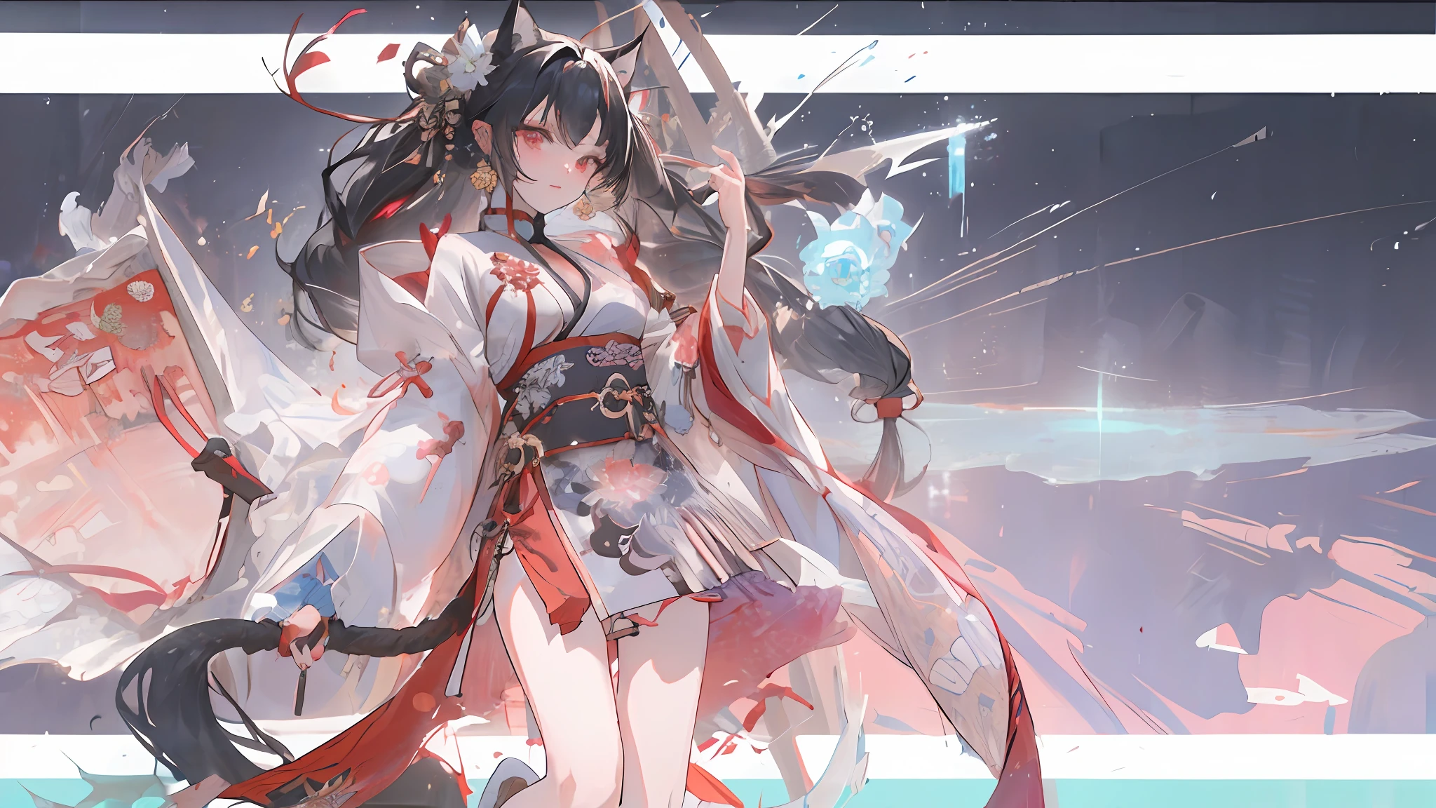 ((4K,tmasterpiece,best qualtiy)),Exquisite facial features,Nice face,cleavage,Leaking out of the chest,Raised sexy,seductiv,best qualtiy,tmasterpiece,ultra - detailed,1girll, water ink, Chinese traditional painting, lotus flower,Summer pond background,pool, Hanfu, Black hair,Exposed flesh,Bare legged, 独奏, Ancient Chinese clothing,National style background,Cat-cat anthropomorphism,bell,brunette color hair,Cat ears,cat paws,a cat tail,, Blue long hair, ssmile, standing on your feet, feet in water,