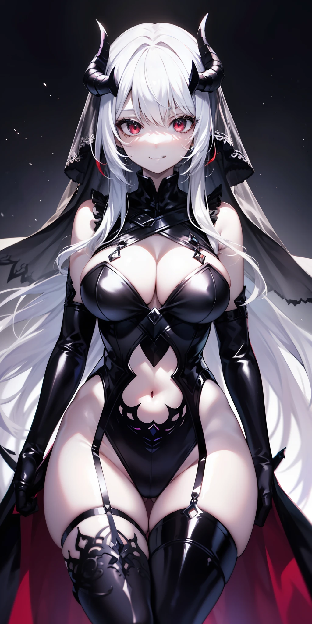 tag: 1girl, solo, ((extremely detailed cg unity 8k wallpaper)), masterpiece, best quality, ((ultra detailed)), best shadow, multicolored background, illustration, (beautiful detailed face), hair floating, dynamic angle, high contrast, better lighting, extremely delicate and beautiful, (hyper detail), (pretty face: 1.2), (smile: 1.0), gothic, knight armor, monochrome, veil on face, scary smile, smile sadistic, demonic red eyes, oni horns, dynamic pose, thick legs, arms, hands, big thigh,