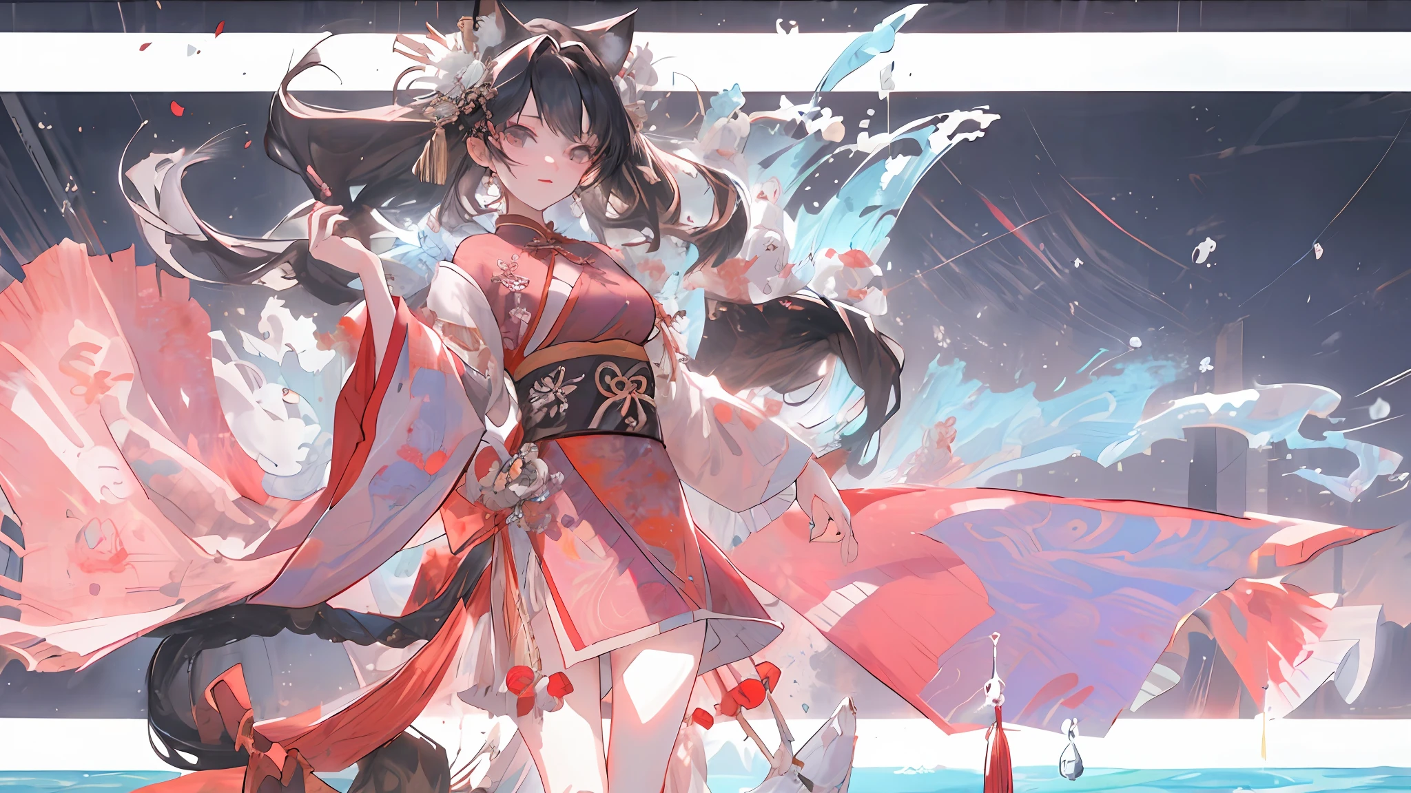 ((4K,tmasterpiece,best qualtiy)),Exquisite facial features,Nice face,cleavage,Leaking out of the chest,Raised sexy,seductiv,best qualtiy,tmasterpiece,ultra - detailed,1girll, water ink, Chinese traditional painting, lotus flower,Summer pond background,pool, Hanfu, Black hair,Exposed flesh,Bare legged, 独奏, Ancient Chinese clothing,National style background,Cat-cat anthropomorphism,bell,brunette color hair,Cat ears,cat paws,a cat tail,, Blue long hair, ssmile, standing on your feet, feet in water,