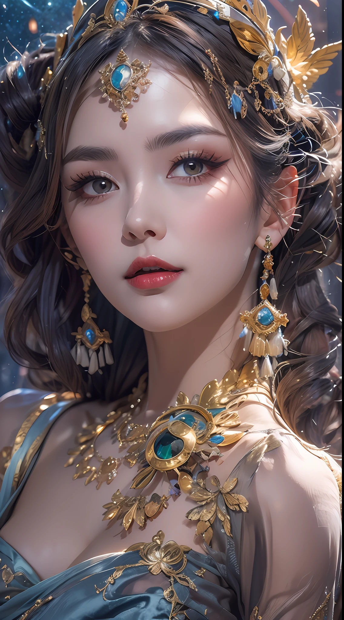 1 goddess of the zodiac from the future wears a thin silk dress, the goddess of the zodiac is beautiful, the goddess of the zodiac wears a colorful thin silk dress with sexy black and white lace, the goddess shines with a brilliant purple bow radiant, pink zodiac sign, star in the picture of 12 zodiac signs, goddess of the zodiac in a thin silk dress, golden zodiac with many black details, mythical goddess of the 12 zodiac, zodiac sign, zodiac style, dark and mysterious version, full breasts, big and round breasts, well-proportioned breasts and beautiful red lips, seriously not smiling, people karol bak and pino daeni, intricate detail, detailed background, many background objects, extremely detailed, magic light, woman, long hair dyed in seven colors and neatly tied, clear face without scars, face beautiful and well-proportioned eyes, pretty and charming red lips, big round eyes and beautiful makeup. detail, distant focus, silk dress, hair jewelry, neck jewelry, dress jewelry, arm and thigh jewelry, goddess foot jewelry, mystical jewelry, (upper portrait: 1.9) , hanging arms, sexy and seductive zodiac goddess , (space: 1.8), (galaxy: 1.7), aurora, lightning, (aurora background: 1.8), beautiful eyes, beautiful eyes photo, goddess of beauty and flowers, fantasy magic light effect,