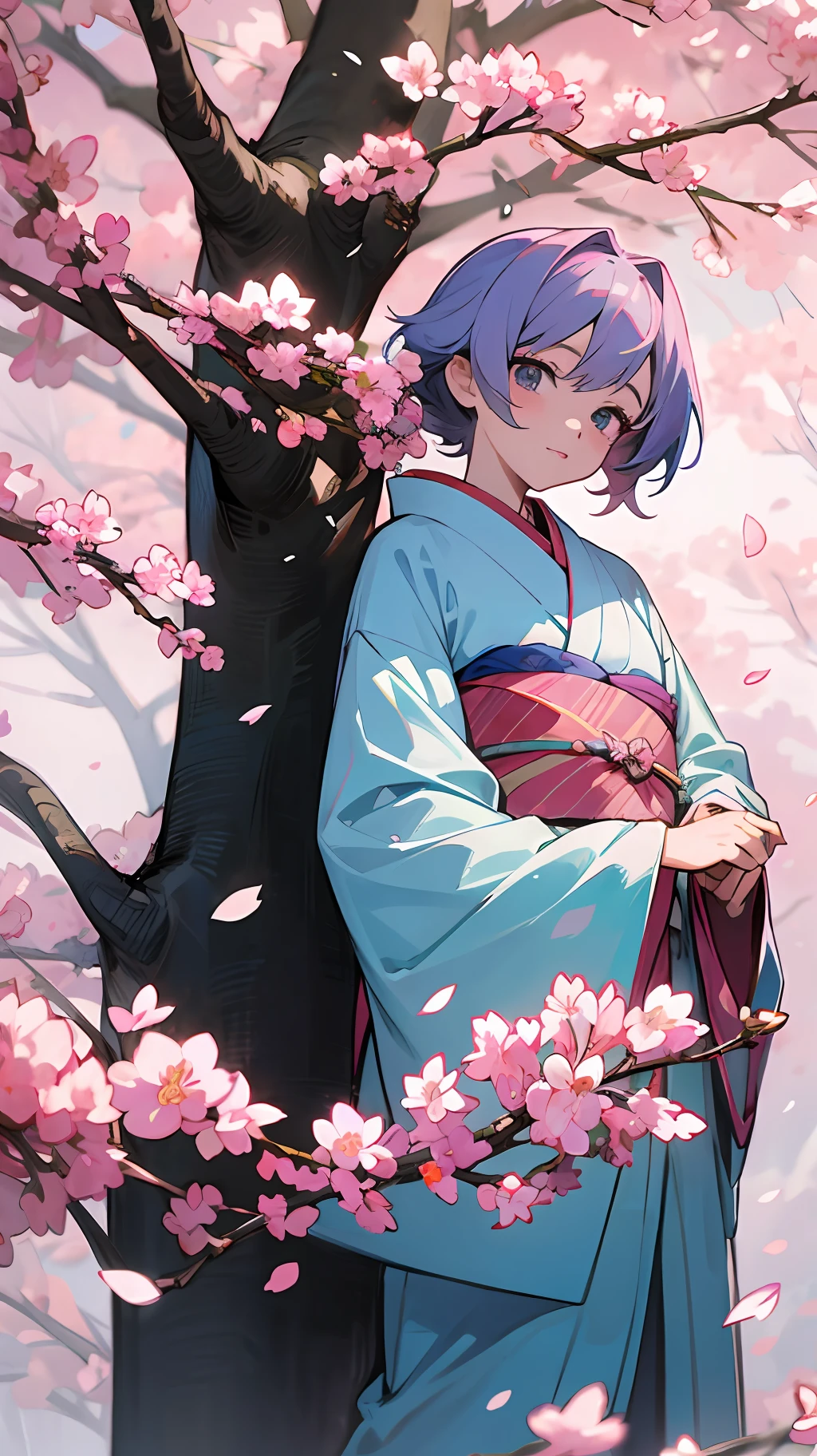 Anime girl in kimono costume standing under tree with pink flowers, anime style 4 k, anime art wallpaper 4k, anime art wallpaper 4k, Anime art wallpaper 8k, sakura petals around her, anime wallpaper 4k, anime wallpaper 4 k, best anime 4k konachan wallpaper, anime wallaper, High quality anime art style, 4 k manga wallpaper