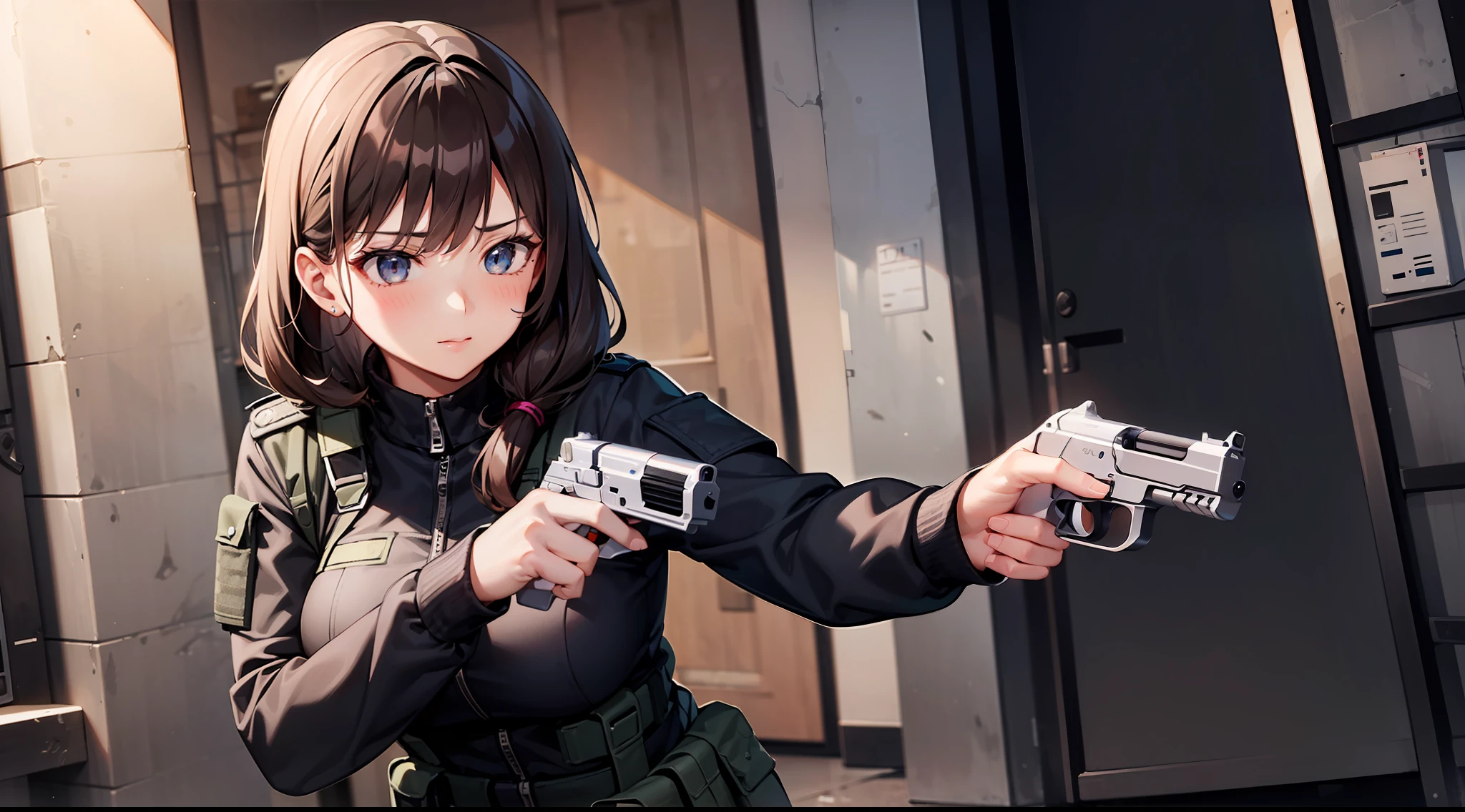 1 girl, hand gun, dynamic entry, in the dark warehouse, black clothes, special operations, special force, cinematic action, dynamic
