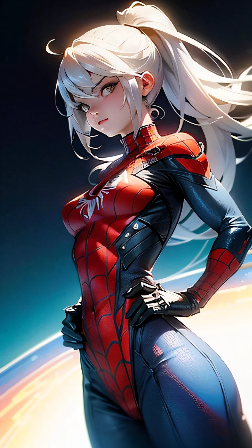 On an aerial carrier, spaceship, battle, beautiful woman with a well-defined body using Spider-Man role-playing, medium breasts