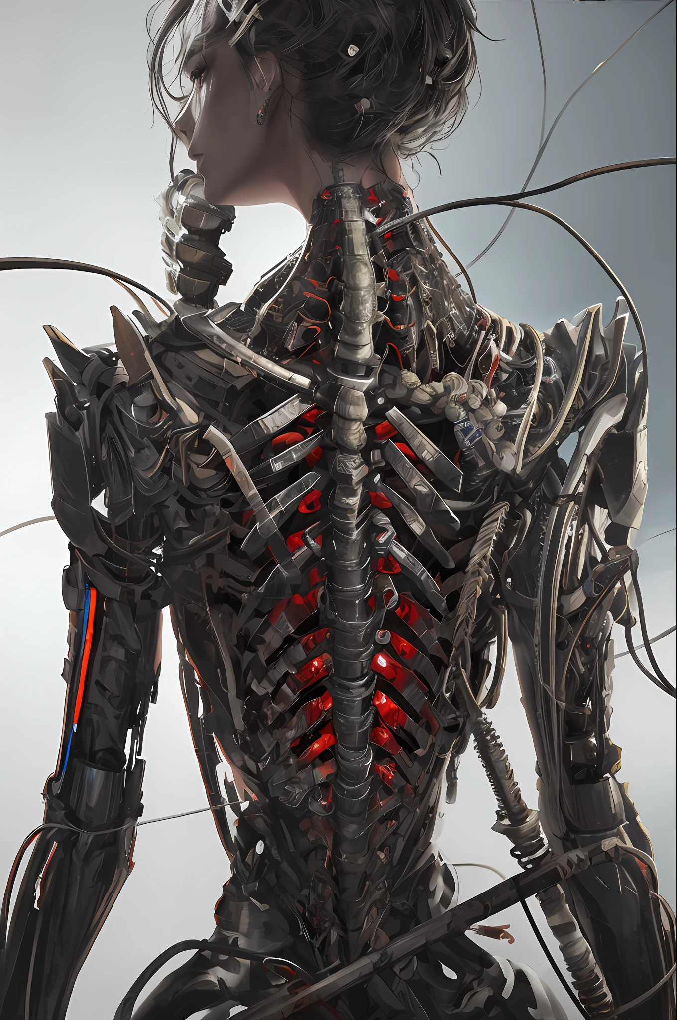 1mechanical girl,((ultra realistic details)), portrait, global illumination, shadows, octane render, 8k, ultra sharp,metal,intricate, ornaments detailed, cold colors, egypician detail, highly intricate details, realistic light, trending on cgsociety, glowing eyes, facing camera, neon details, machanical limbs,blood vessels connected to tubes,mechanical vertebra attaching to back,mechanical cervial attaching to neck,sitting,wires and cables connecting to head