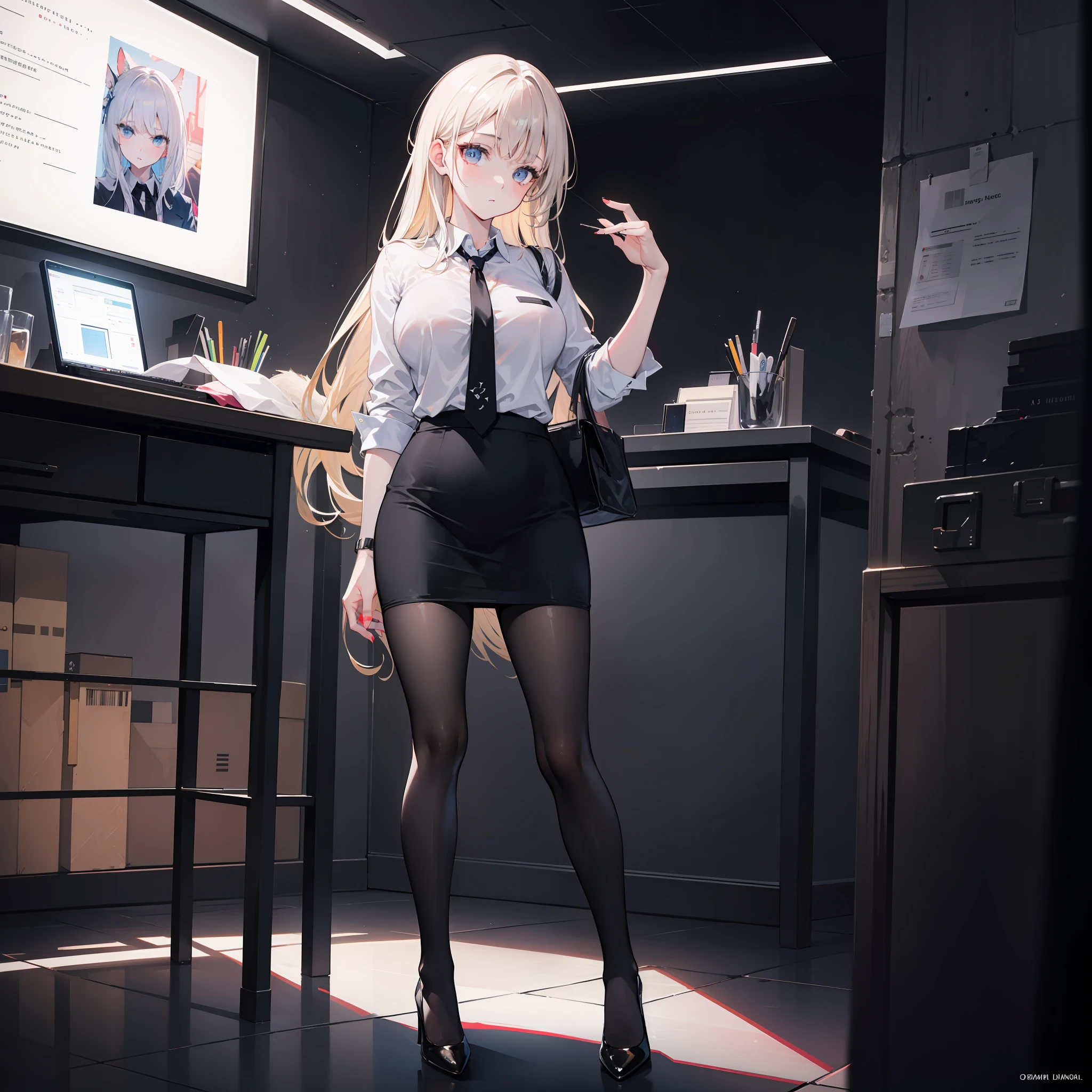 (Masterpiece), Best quality, Highest quality, Extremely detailed Cg Unity 8K wallpaper, Detailed and intricate, Original,A high resolution, \\
1gril,Ewan, (13yo),Extremely detailed_Eyes, finger nails,Sexy,Large breasts, (eyes liner:0.5),(Blush:0.5),view the viewer,Solo,standing,full body,\\
NSFW,From below,underdressing\\
((Office Lady)),(black necktie:1.2), (Clear black pantyhose), ((Black heels)), LV bags,, \\
beautifullydetailedbackground,Dark background,Office,Office chair,
Depth of field,Loli:0.1,Realistic:1.3, (Ambient light:1.3),(Neon lights:1.2),(hdr:1),emphasis lighting,