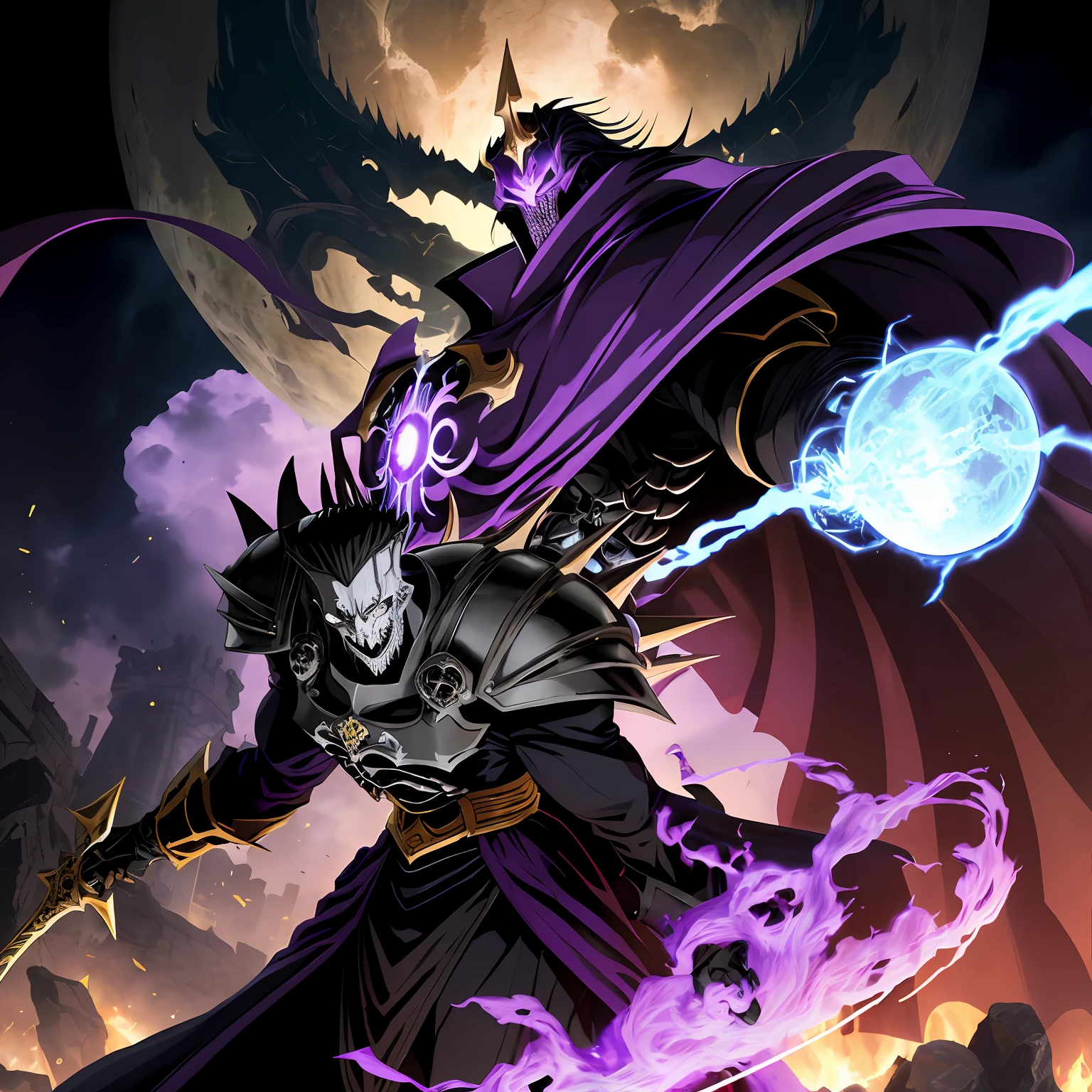 um close up de uma pessoa toguro100 com uma espada e um manto roxo, Ainz Ooal vestido, Overlord!!!, Overlord, de Overlord, Deus masculino bonito da morte, Overlord Temporada 4, Rei do Ceifador do Tempo, Arte Oficial, Retrato do Deus da Morte, O Rei da Morte, Ish, Albedo do anime Overlord, deus da morte,((((Side view)))),(corpo inteiro de uma pessoa toguro100 com uma espada e um manto roxo, Vestido Ainz Ooal, Overlord!!!, Overlord, por Overlord, Deus masculino bonito da morte, Overlord Temporada 4, Rei do Ceifador do Tempo, Arte Oficial, Retrato do Deus da Morte, O Rei da Morte, Ish, Albedo do anime Overlord, Deus da morte) , cenario fantasia dark dinamico, Character firing black magic from his hand, vortex, particuls, in action, (((Vista de toda a cena)))