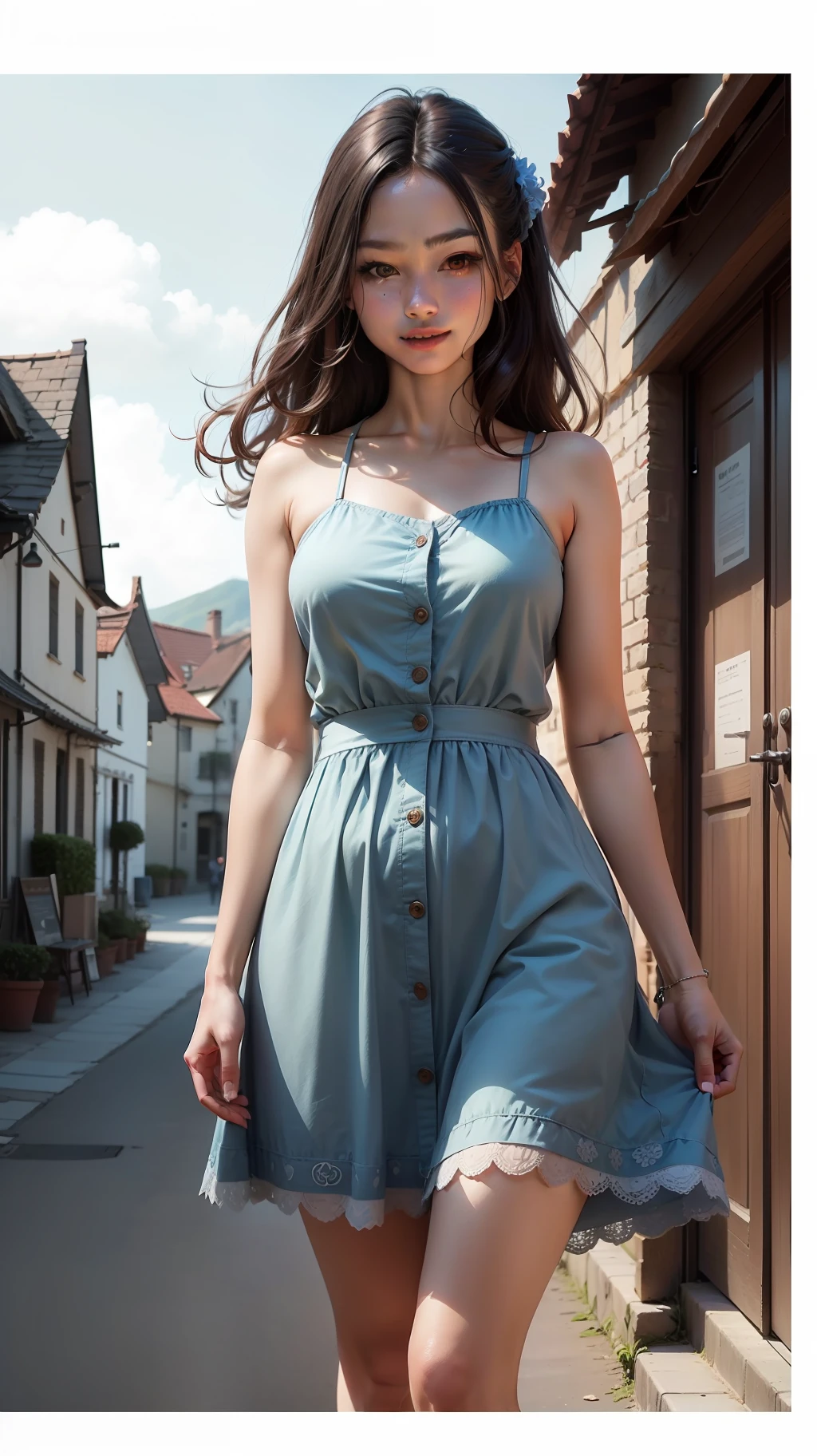 (((Best image quality,8K quality),tmasterpiece)), Drawing style tag: Natural casual hairstyle:1.2, dress detailed:1.1, The body emphasized: 1. Slender female abs:1.3, plumw:1.2, Summary of body details: Refined face:1, 二重まぶた:1, ssmile:1, Picture scene details: Beautiful village, Female life.
