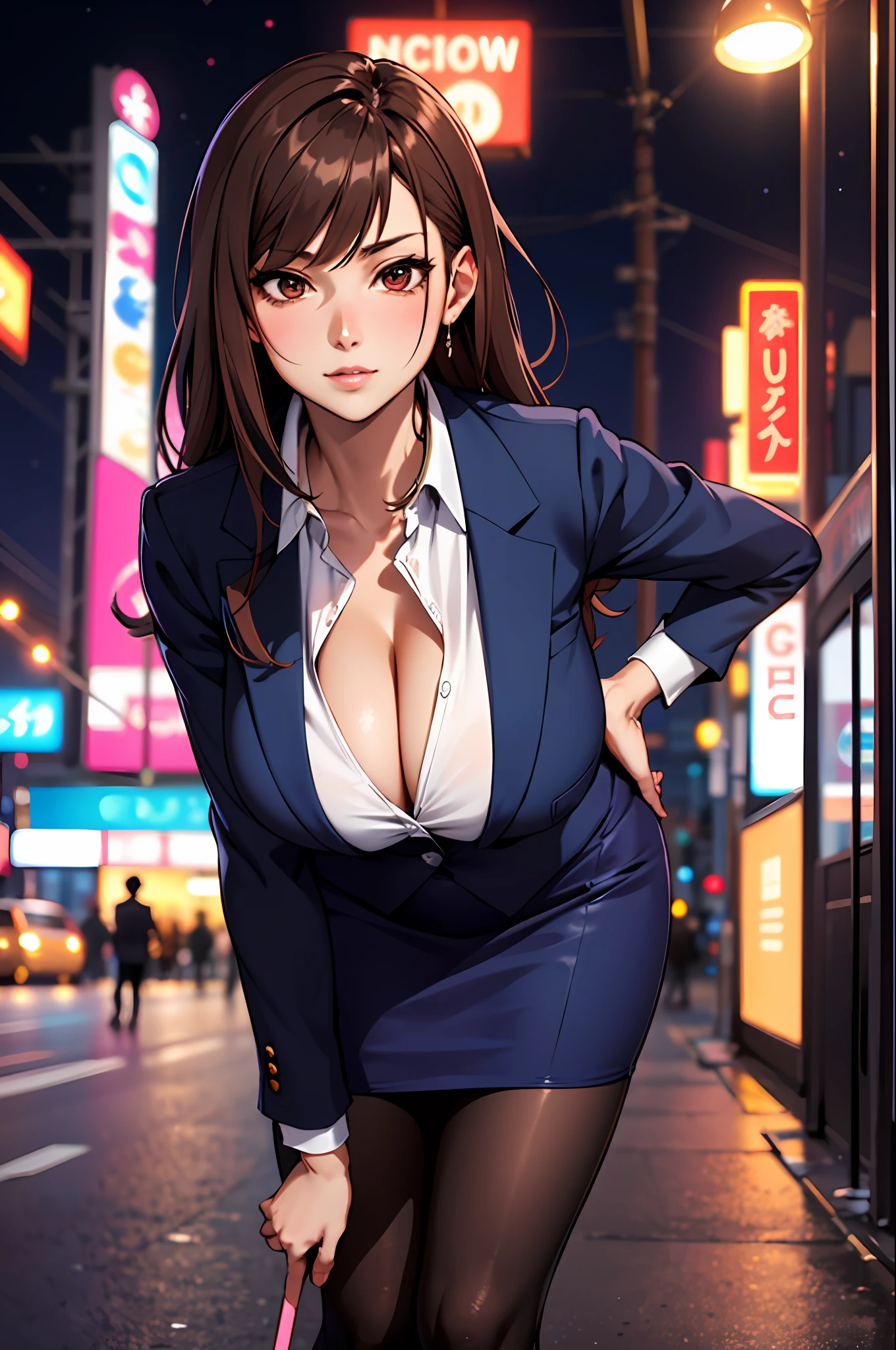 Bewitching anime busty woman in blue suit and tight skirt、Black tights,Inviting look、Show off your chest、Shirt and brown hair,Ecchi anime style,  bending forward,Kamimei,Red Light District at Night,neons、Bokeh in the background