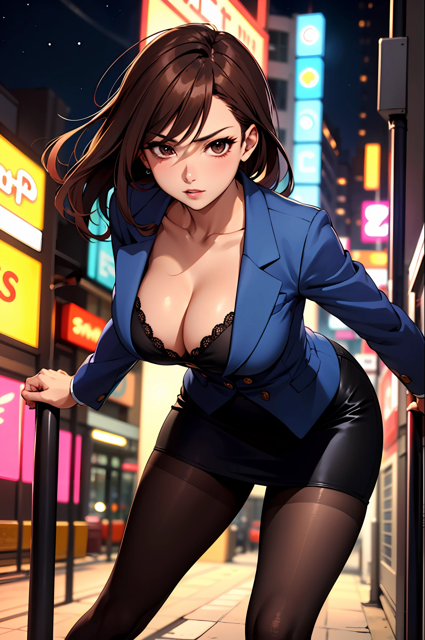 Bewitching anime busty woman in blue suit and tight skirt、Black tights,Inviting look、Show off your chest、Shirt and brown hair,Ecchi anime style,  bending forward,Kamimei,Red Light District at Night,neons、Bokeh in the background