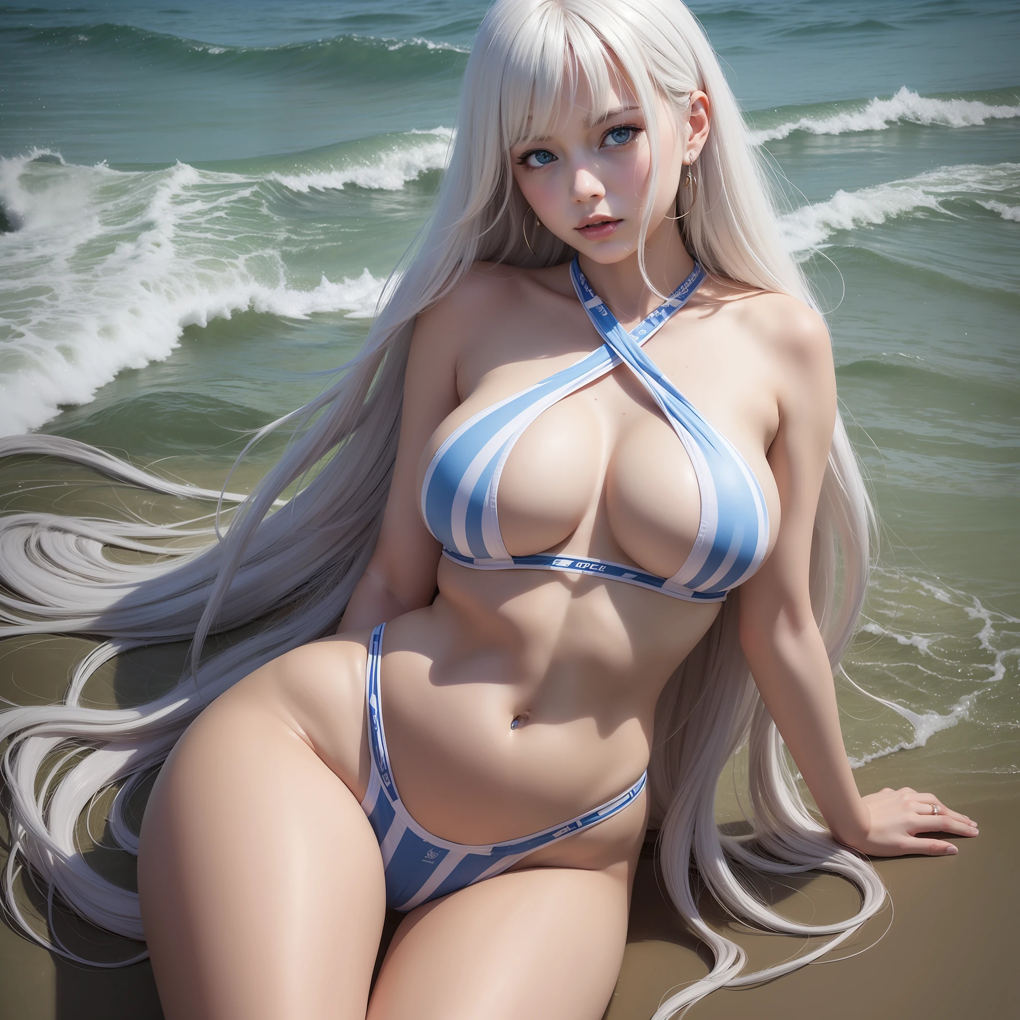 High resolution, Highest Quality, ultra-quality, Super Detail, A hyper-realistic, Photorealistic, Anime, Illustration, Northern Renaissance style, super cute woman, Mysterious, Enchanting, Blue eyes, White hair, hime-cut, tired hair, Tattoos, Huge breasts, under the boobs, great proportion, perfectly proportions, slender, Full body, Micro Bikini, Beach, Water Cottage