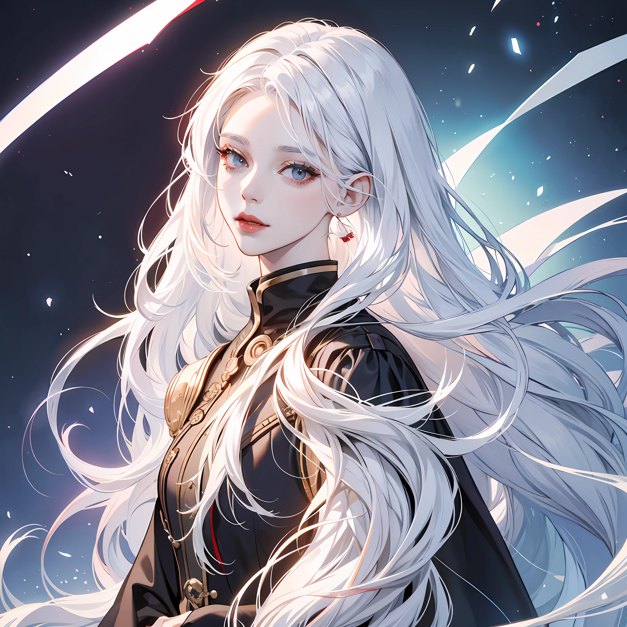 A woman with white hair and red lips poses for a photo, a character portrait inspired by WLOP, trending on CGSociety, Fantasy art, detailed white long hair, long  white hair, with long white hair, Flowing white hair, Girl with white hair, Perfect white haired girl, white beautiful hair, white haired lady, Long flowing white hair, white haired Cangcang --auto