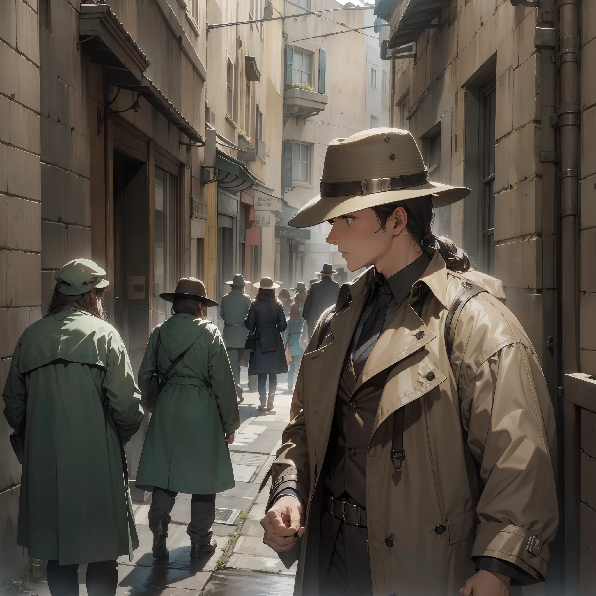 European Middle Ages，of a guy，It's a detective，he's wearing a hat，wearing a trenchcoat，Hide by the wall，Quietly followed the prisoner。Close-up of people，Street view
