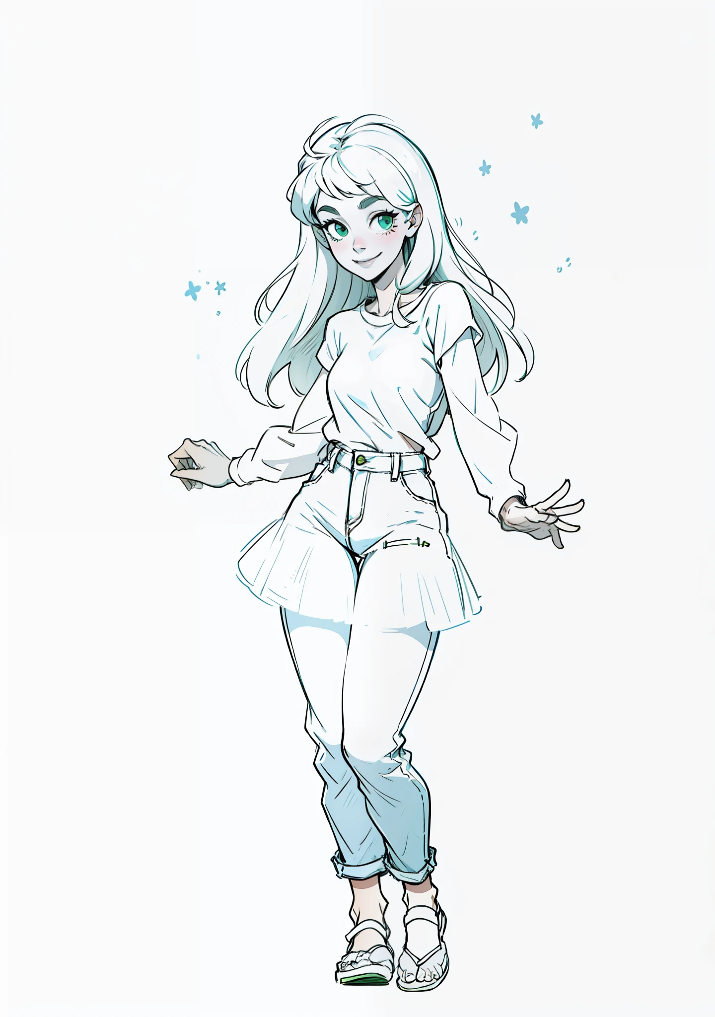 Mulher, estilo dos desenhos animados, sorrindo, Denim Jeans Pants, saia de tule rosa, camiseta verde e jaleco branco, mulher loira, pixar style.