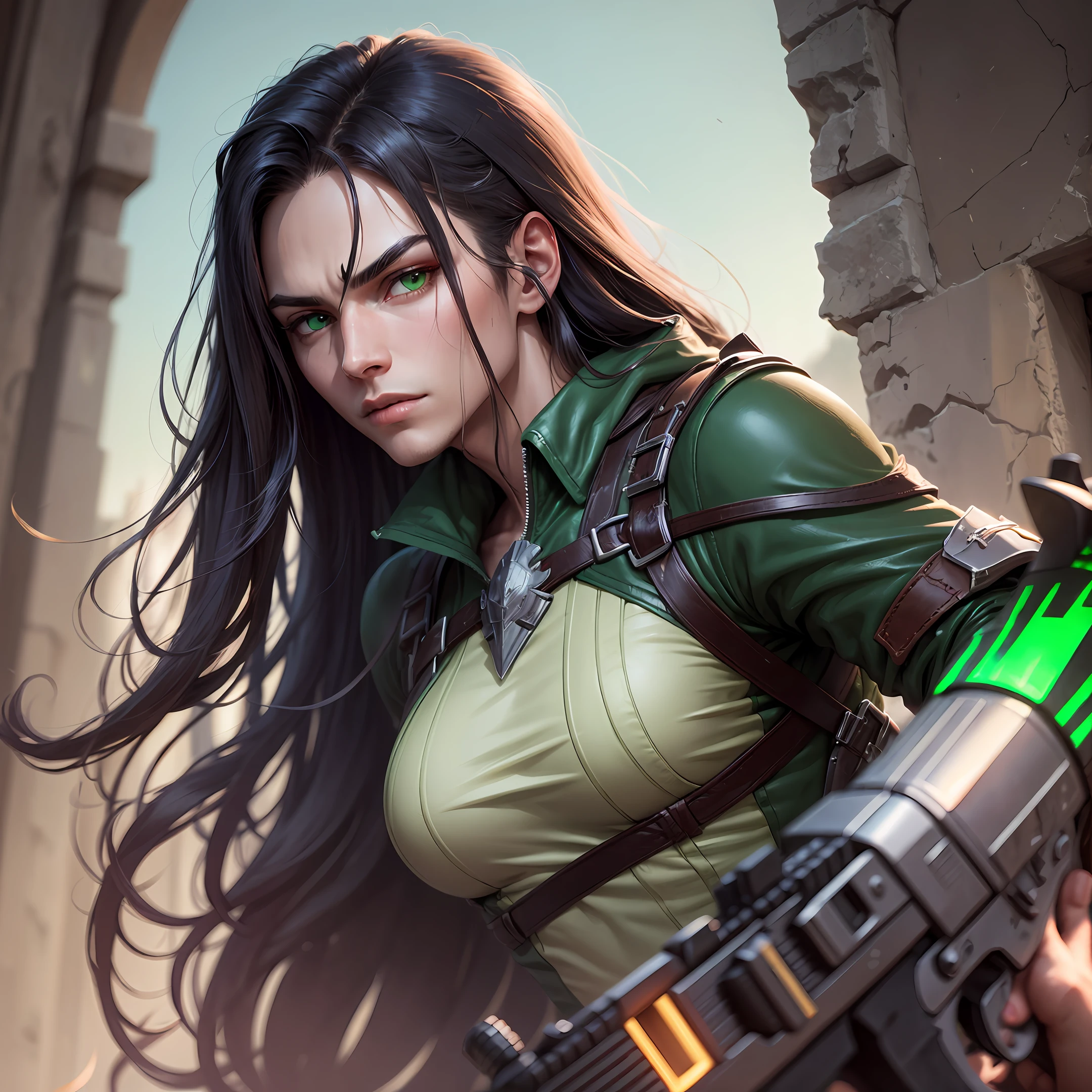 Male demon hunter long black straight hair green eyes two guns --auto --s2