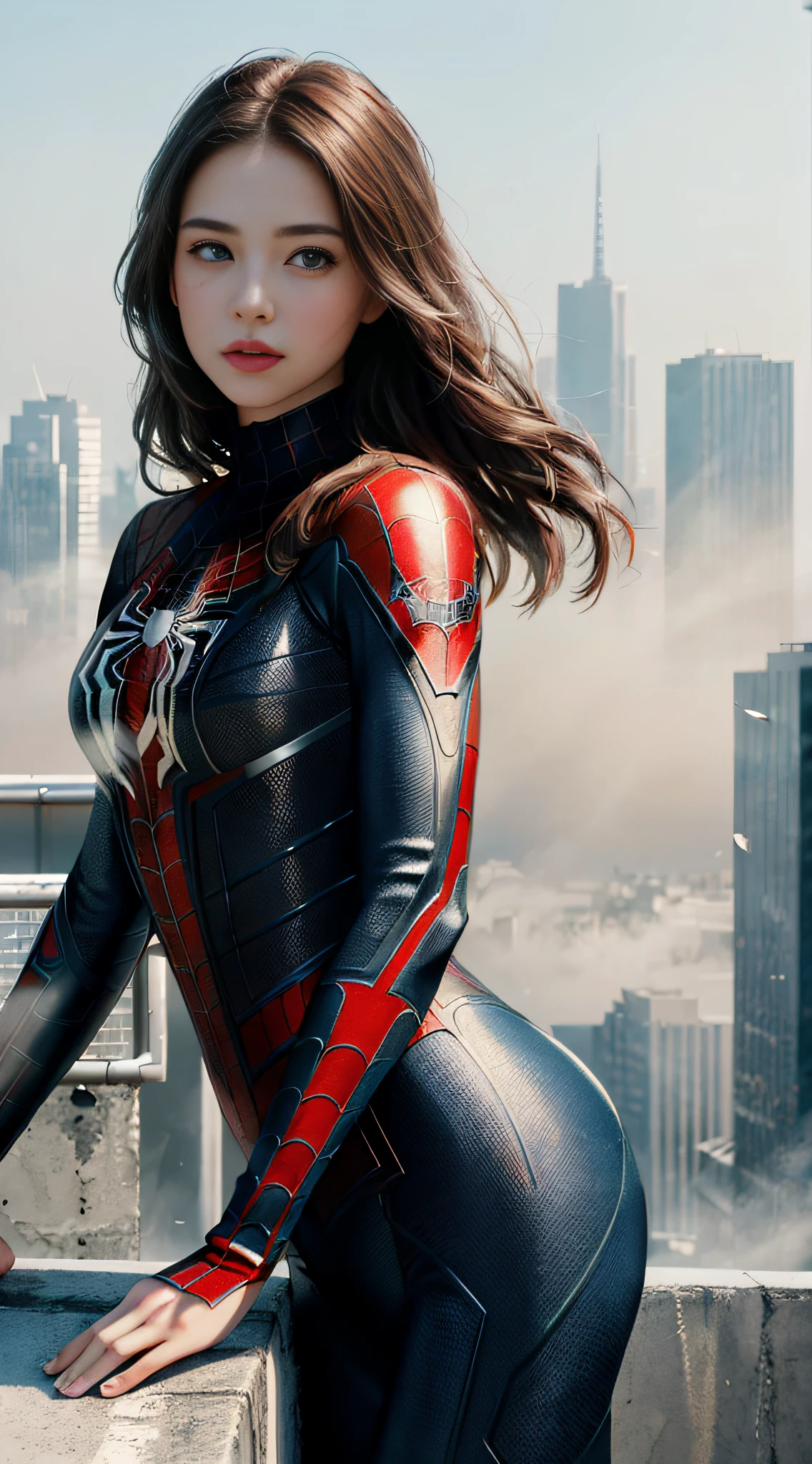 (1girl:1.3), Solo, (((Very detailed face)))), ((Very detailed eyes and face)))), Beautiful detail eyes, Body parts__, Official art, Unified 8k wallpaper, Super detailed, beautiful and beautiful, beautiful, masterpiece, best quality, original, masterpiece, super fine photo, best quality, super high resolution, realistic realism, sunlight, full body portrait, amazing beauty, dynamic pose, delicate face, vibrant eyes, (from the front), She wears Spider-Man suit, red and black color scheme, spider, very detailed city roof background, rooftop, overlooking the city, detailed face, detailed complex busy background, messy, gorgeous, milky white, highly detailed skin, realistic skin details, visible pores, clear focus, volumetric fog, 8k uhd, DSLR, high quality, film grain, fair skin, photo realism, lomography, futuristic dystopian megalopolis, translucent