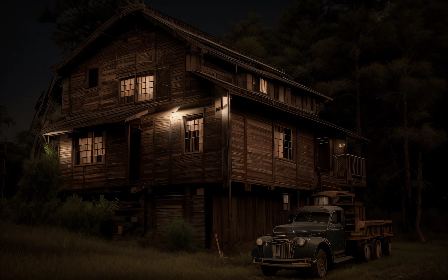 noite, foto em preto e branco da velha casa, Post Apocalypse, floresta, tempestade, vento, rochas, 8k uhd, dslr, soft-lighting, alta qualidade, grain of film,There is a truck that is parked in front of a house, No estilo de arte de Filip Hodas, renderizado em corona, aventura render hiper realista, CGI antigo 3 d renderizado Bryce 3 d, arte conceitual fotorrealista, Pintura fosca renderizada em 3D, 3D render e pintura fosca, renderizado no lumion pro, photorealistic render in octane
