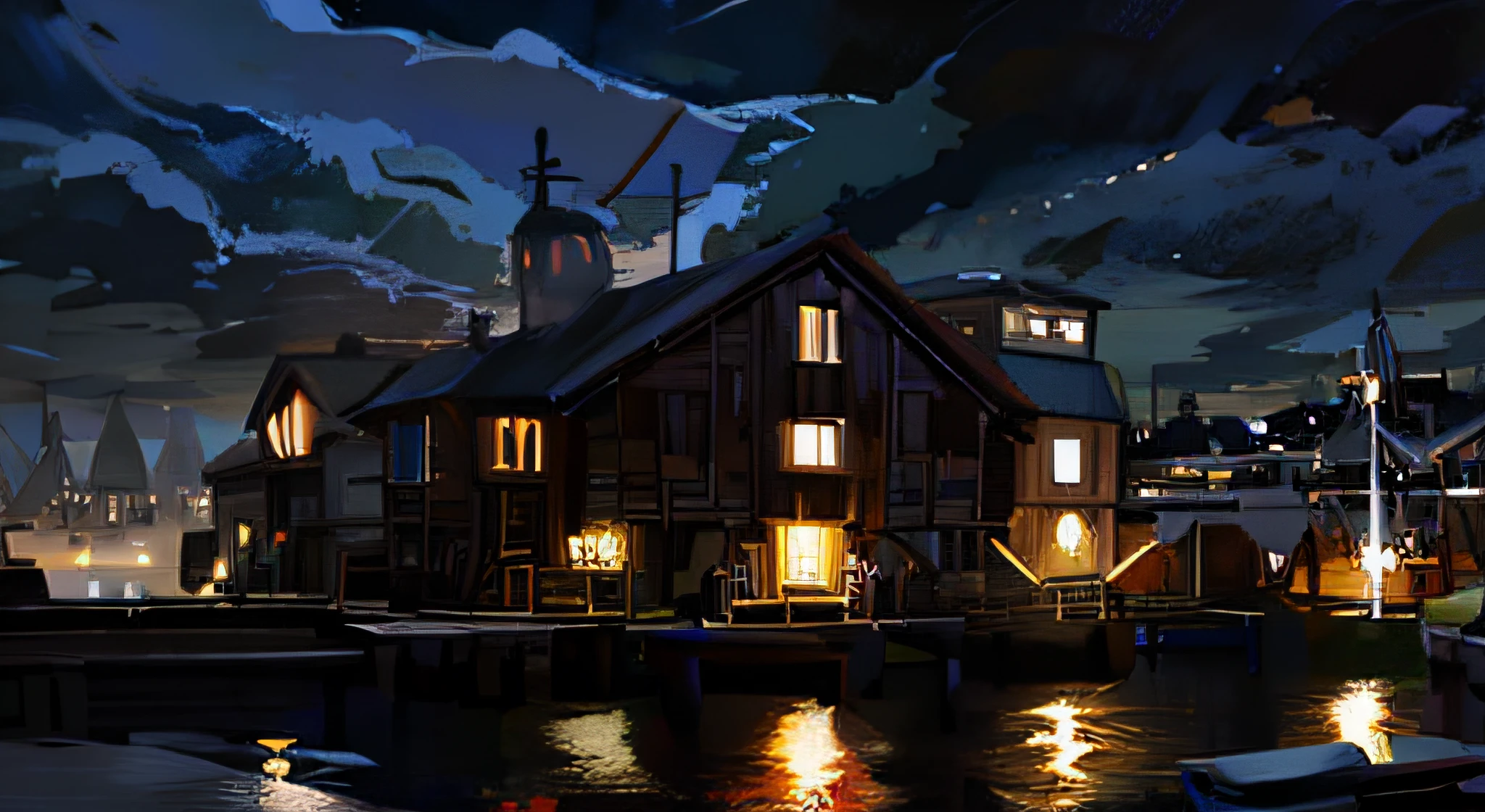 anime, a house on a dock at night, with a boat on the water, Directed by: Evgeny Lushpin, inspirado em Evgeny Lushpin, Noite do Porto Vitoriano, dramatic lighting. arte conceitual, Stefan Koidl inspirado, Directed by: Franz Sedlacek, arte de fantasia urbana estilizada, arte conceitual escura fotorrealista, uivar\Castle on the move at night