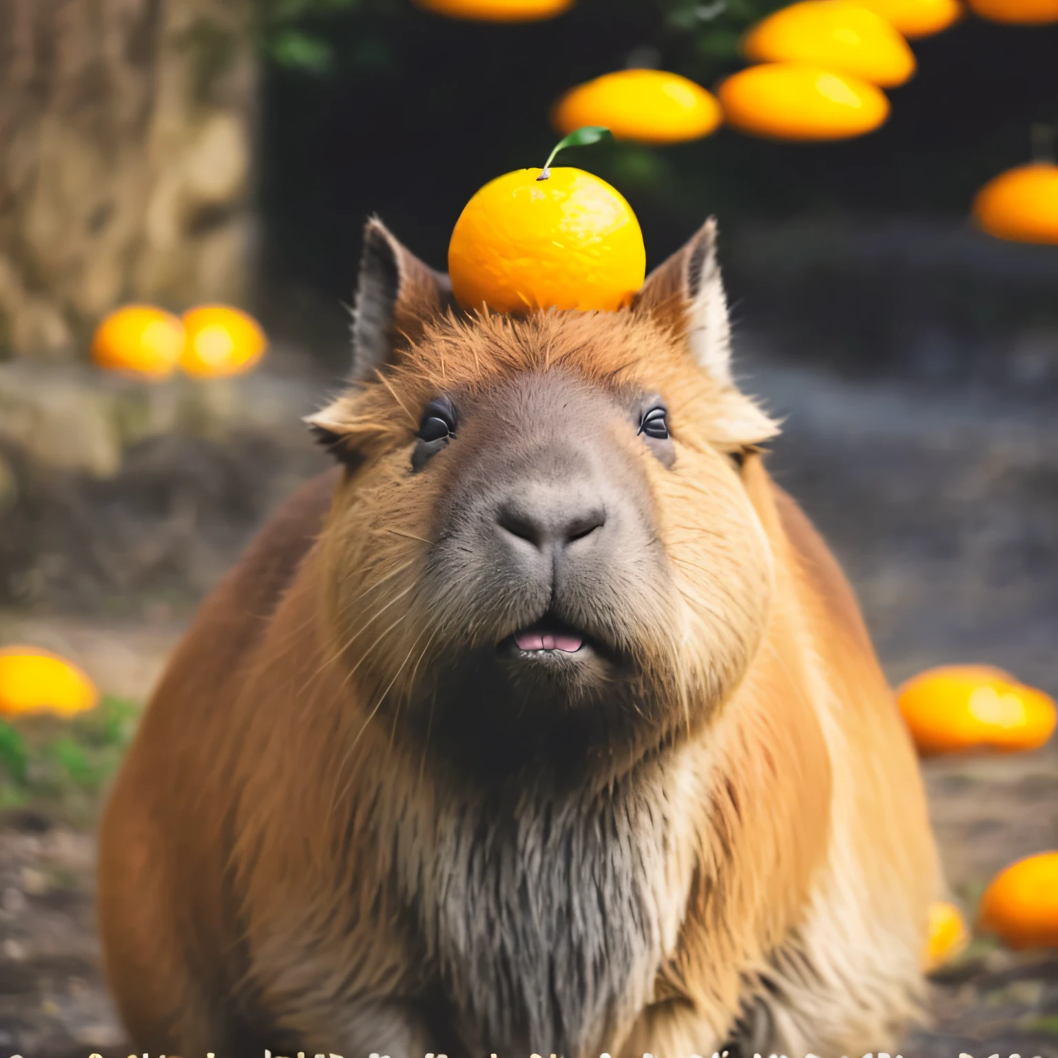 There is a capybara with a bunch of oranges on his head, capybara, Pure,art portrait