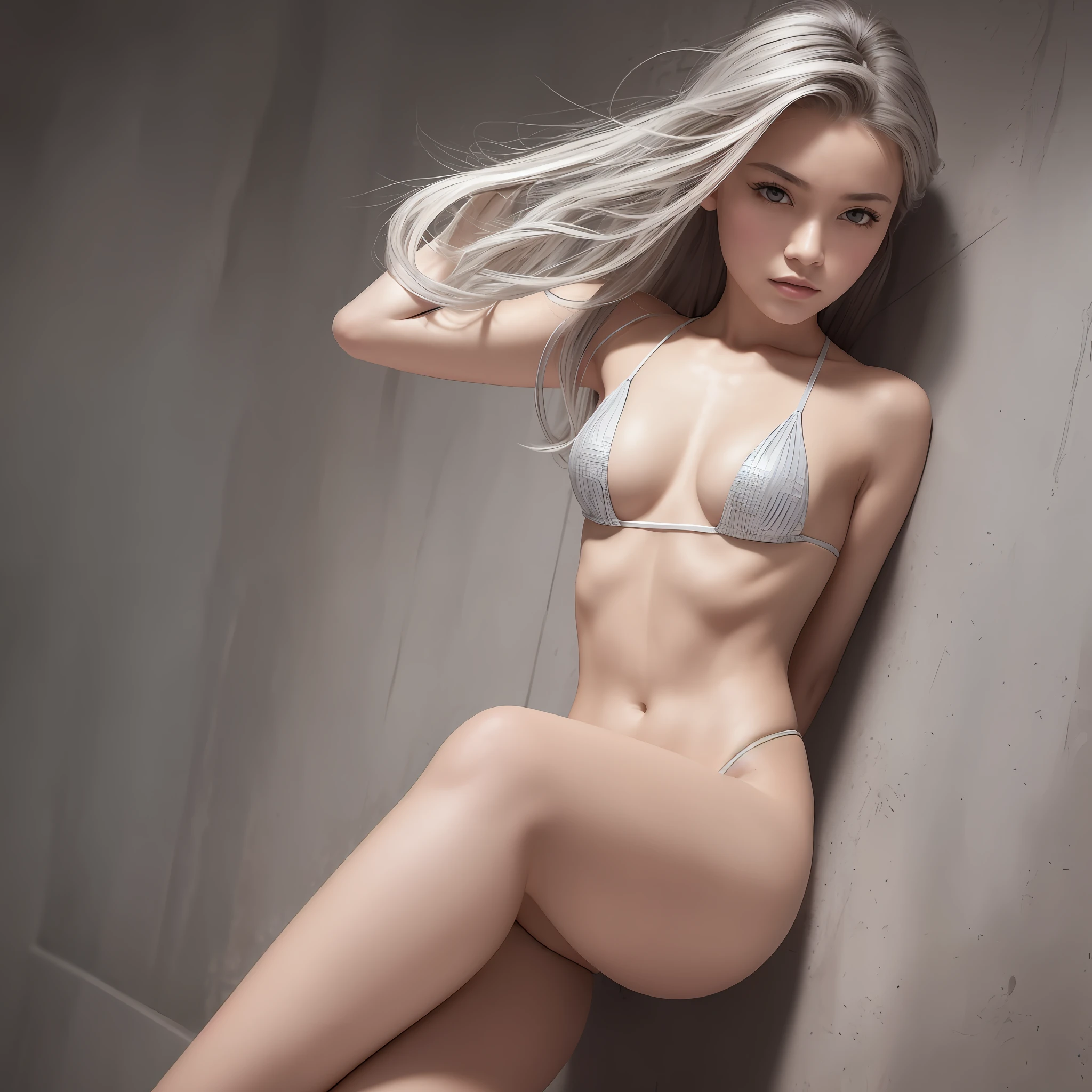 1girll,Solo,hyper HD, Masterpiece, Textured skin, Super detail, High details, High quality, Award-Awarded, Best quality, A high resolution,Realistic, Slim body type,Extra-long gray hair,Very small,high-heels,posing on a, --auto
