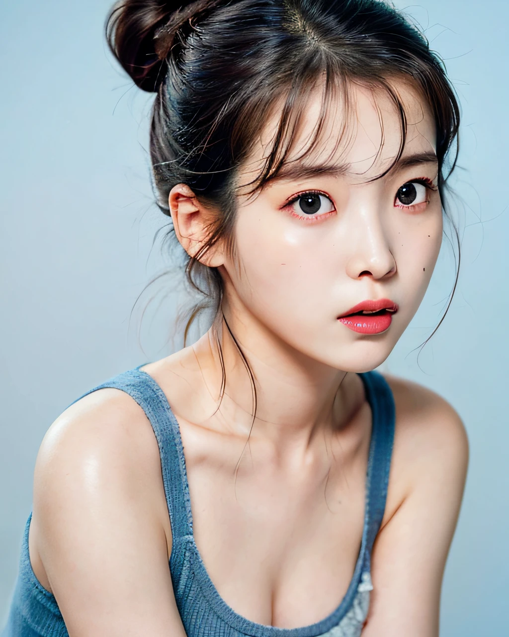 RAW, sharp focus, delicate, beautiful composition, best quality, (realistic), high quality, ultra detailed, (Real picture), (realistic skin), (intricate details), (latex skin:0.4), (detailed skin:1.3), (perfect glossy shiny skins:0.6), (beautiful eyes), round eyes, pretty face, Blushing face, glossy lips, high nose bridge, [:(detailed face:1.2):0.2], shiny eyes, (PureErosFace_V1:0.1), (ulzzang-6500:0.1), (a beautiful 20 age years old cute Korean girl:1.3), instagram, (kpop idol, korean mixed), a face of perfect proportion, (high nose:0.7), realistic humid skin, red lips, Crimson (UA), (happy face:1.2), 8k uhd, dslr, high quality, film grain, photorealistic, (studio), (portrait from waist up:1.2), (pale blue simple background:1.5),(shut lips:1.3),(iu1:1.1), (hair in a bun:1.3), (big tits:1.12), (tight black sleeveless knit sweater:1.2)