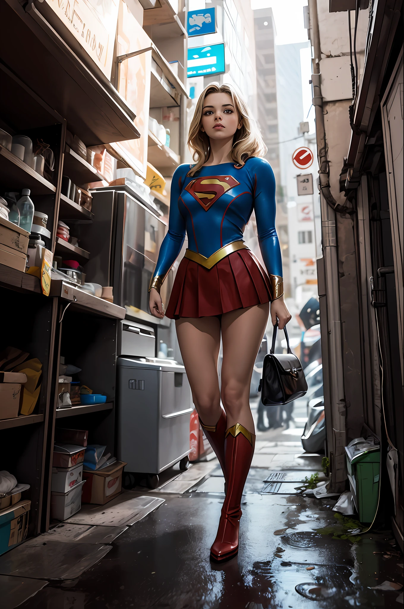 fantastical realism, bokeh, ultra detalhado, 2 garotas se encarando, vestindo traje de supergirl, peito contra peito, beijo, loira e loira, underwear, dentro de casa, narrow deposit, fundo detalhado, cyberpunk .