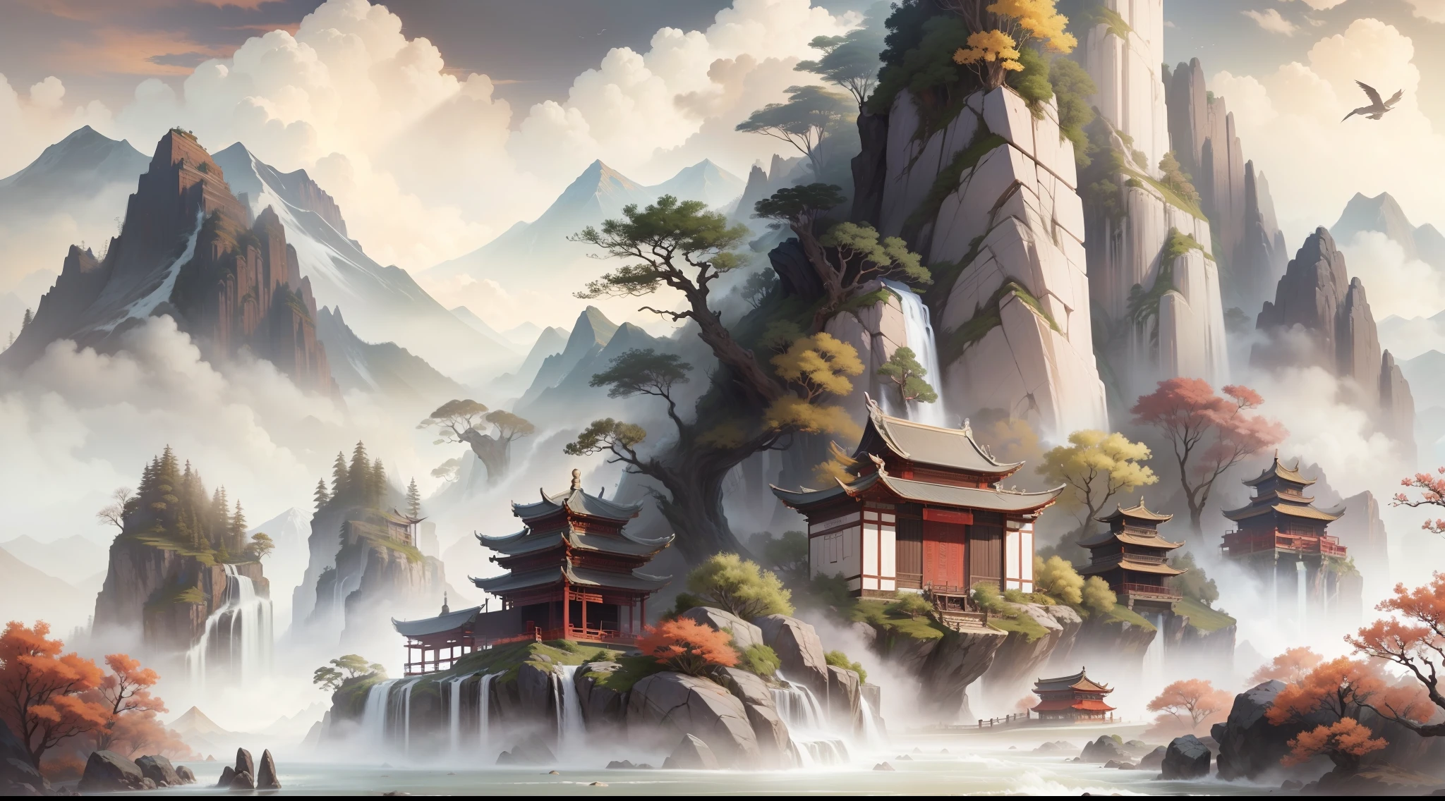 Ancient Chinese scenery, mountains, rivers, auspicious clouds, sunshine, white background, masterpiece, super detail, epic composition, Ultra HD, high quality, extremely detailed, official art, unified 8k wallpaper, Super detail, 32k -- v 6